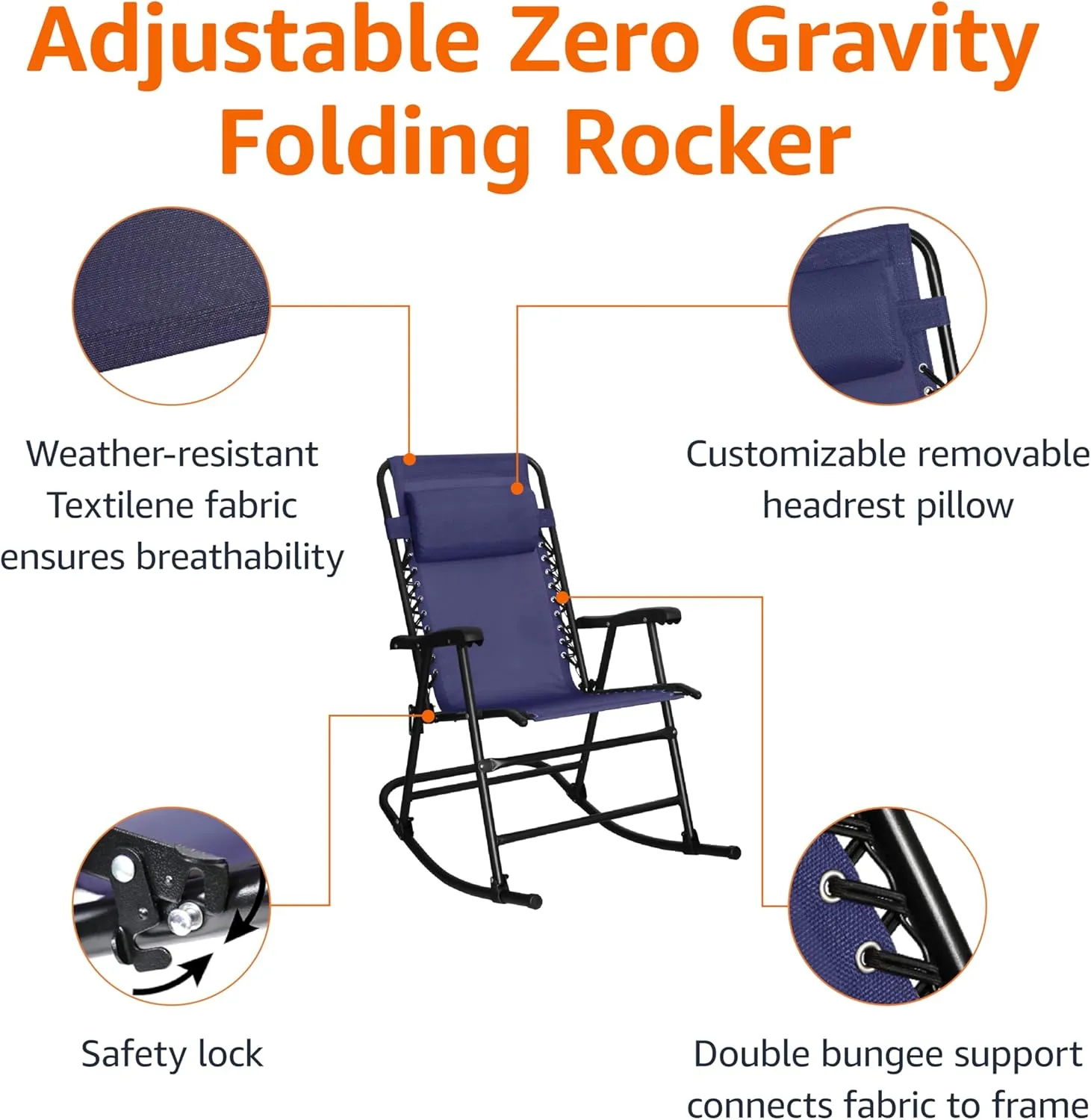 Amazon Basics Outdoor Patio Folding Reclining Lounge Rocking Chair with Pillow, Affordable Folding Chairs for Outside, Navy
