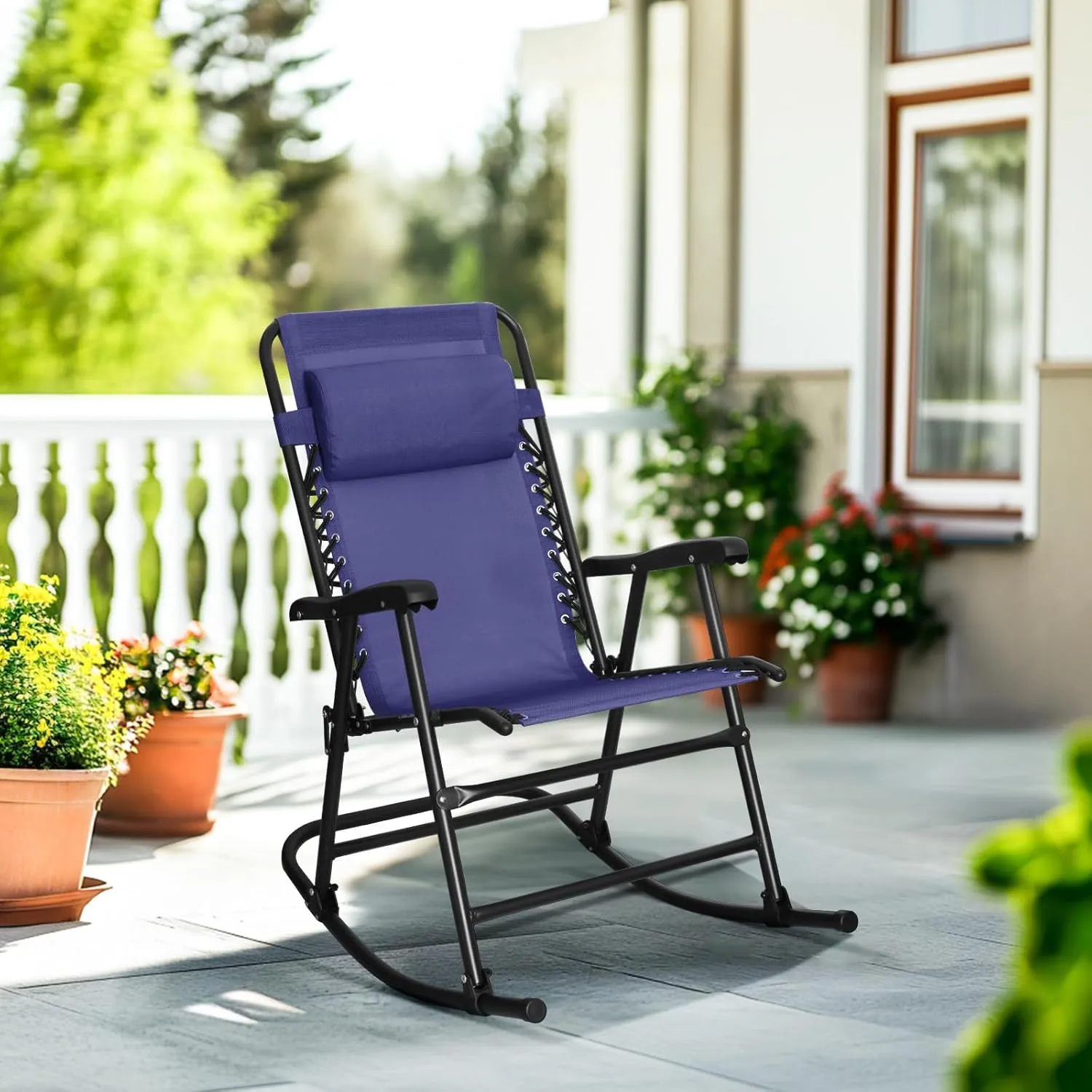 Amazon Basics Outdoor Patio Folding Reclining Lounge Rocking Chair with Pillow, Affordable Folding Chairs for Outside, Navy