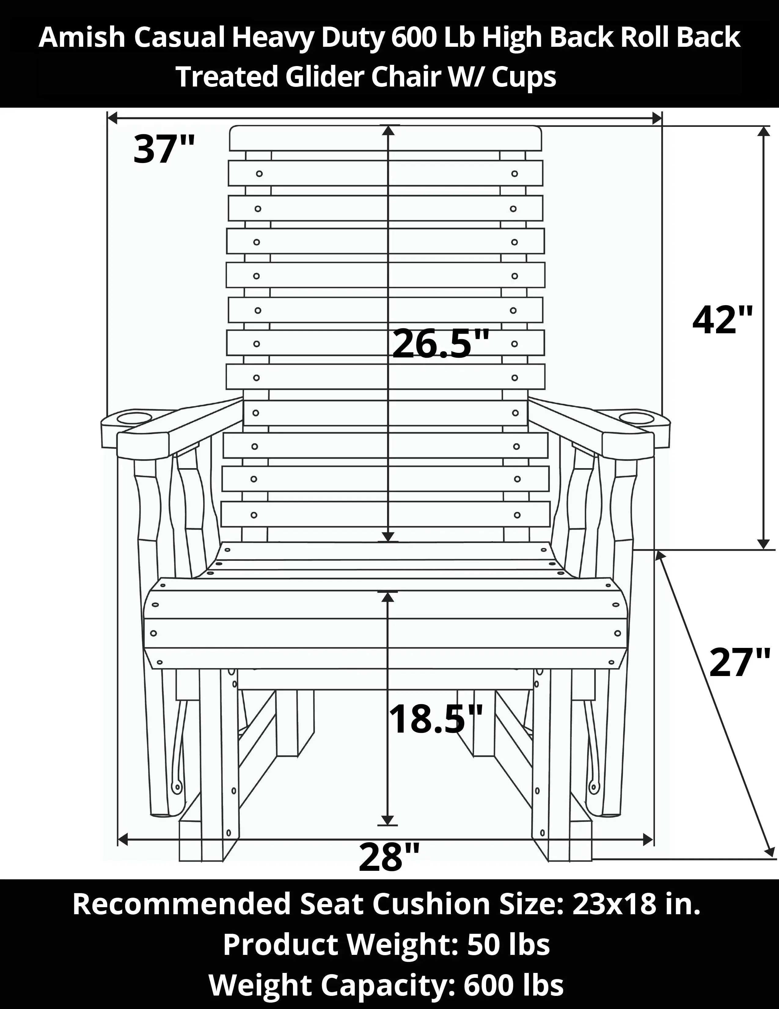 Amish Casual Heavy Duty 600 Lb High Back Roll Back Treated Glider Chair