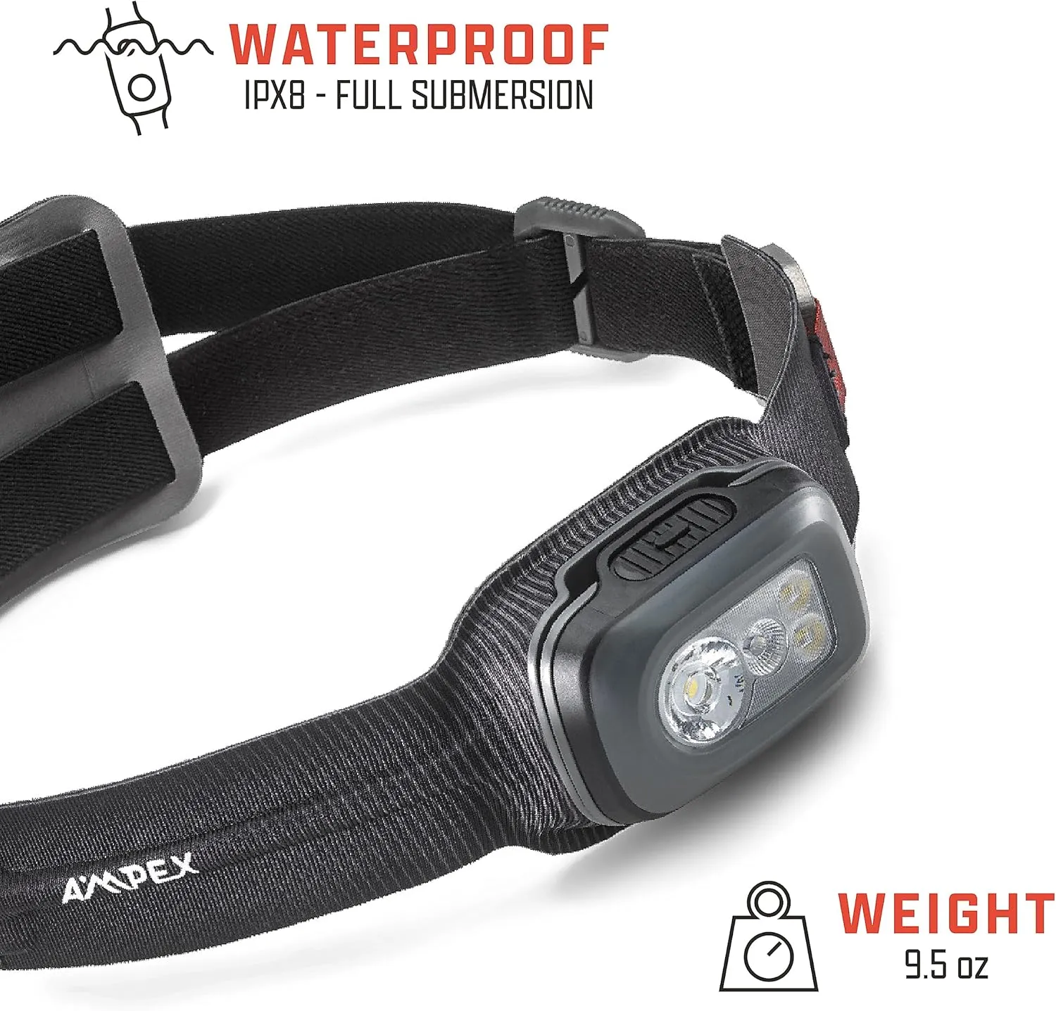 AMPEX Head Lamp - Comfortable, Waterproof Headlamp Rechargeable with Bright LED, 240h Runtime, Red Mode, Outdoor Use, Hiking, Backpacking - 600 Lumens