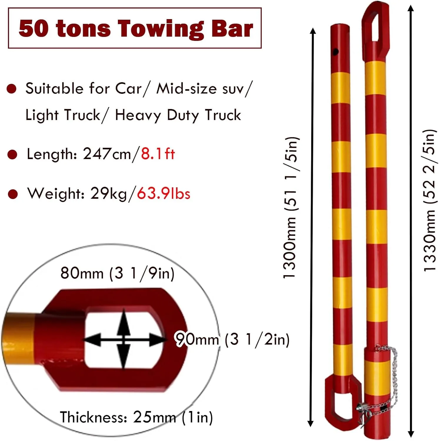 AMUFJJ 50 30 20 8 6 5 3 Tons Capacity Vehicle Steel Towing Pole Trailer Bar, Anti-Collision Tow Bar with Shock Spring for Medium Vans/Pickup Trucks(Support 50 tons)