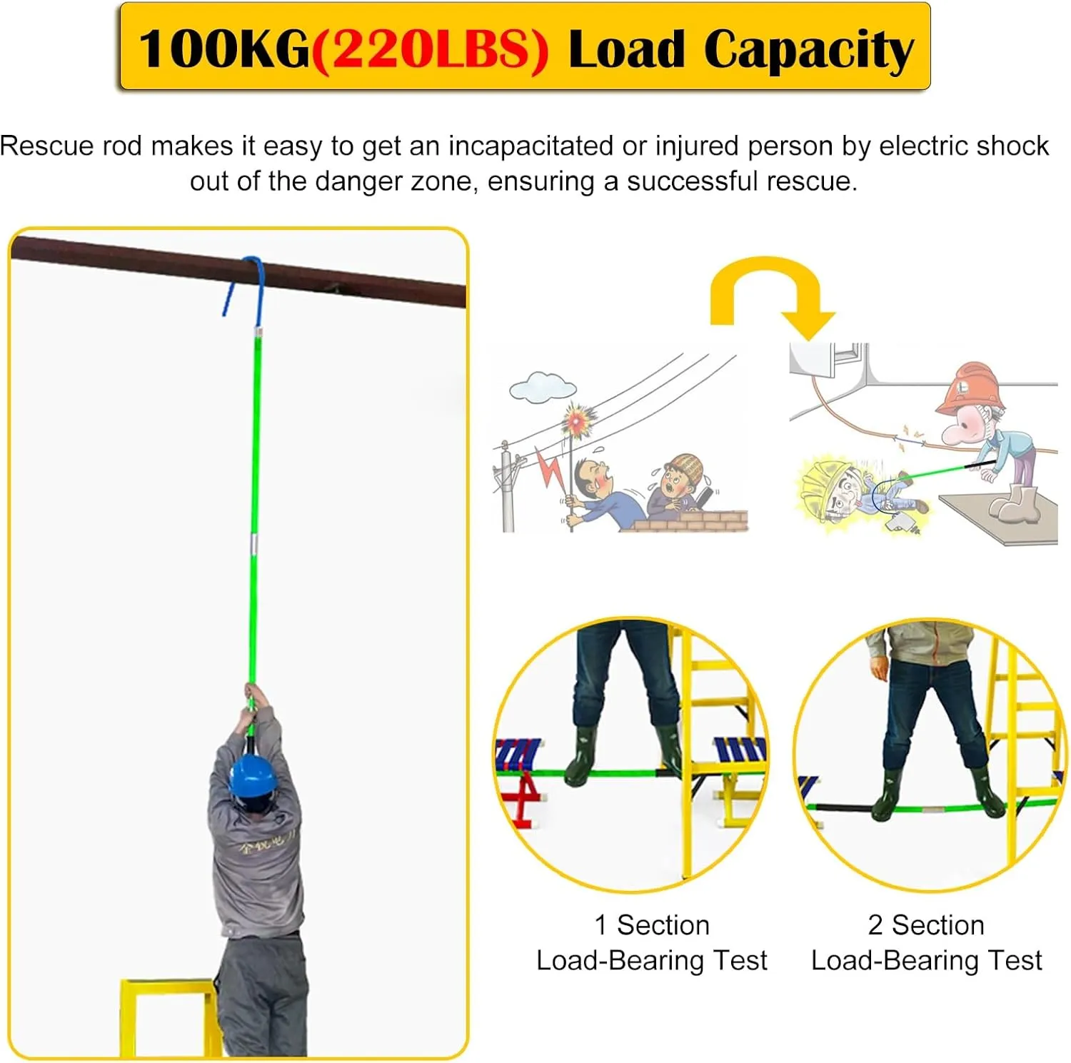 Anti Electric Shock Rescue Pole with 42cm C-hook, Electrical Safety High Voltage Rescue Tools 10kv 35kv 110kv 220kv for Fire Electrician/ Electric Vehicles/ Confined Spaces(Red,1.5m/4.9ft/59in-35kv)