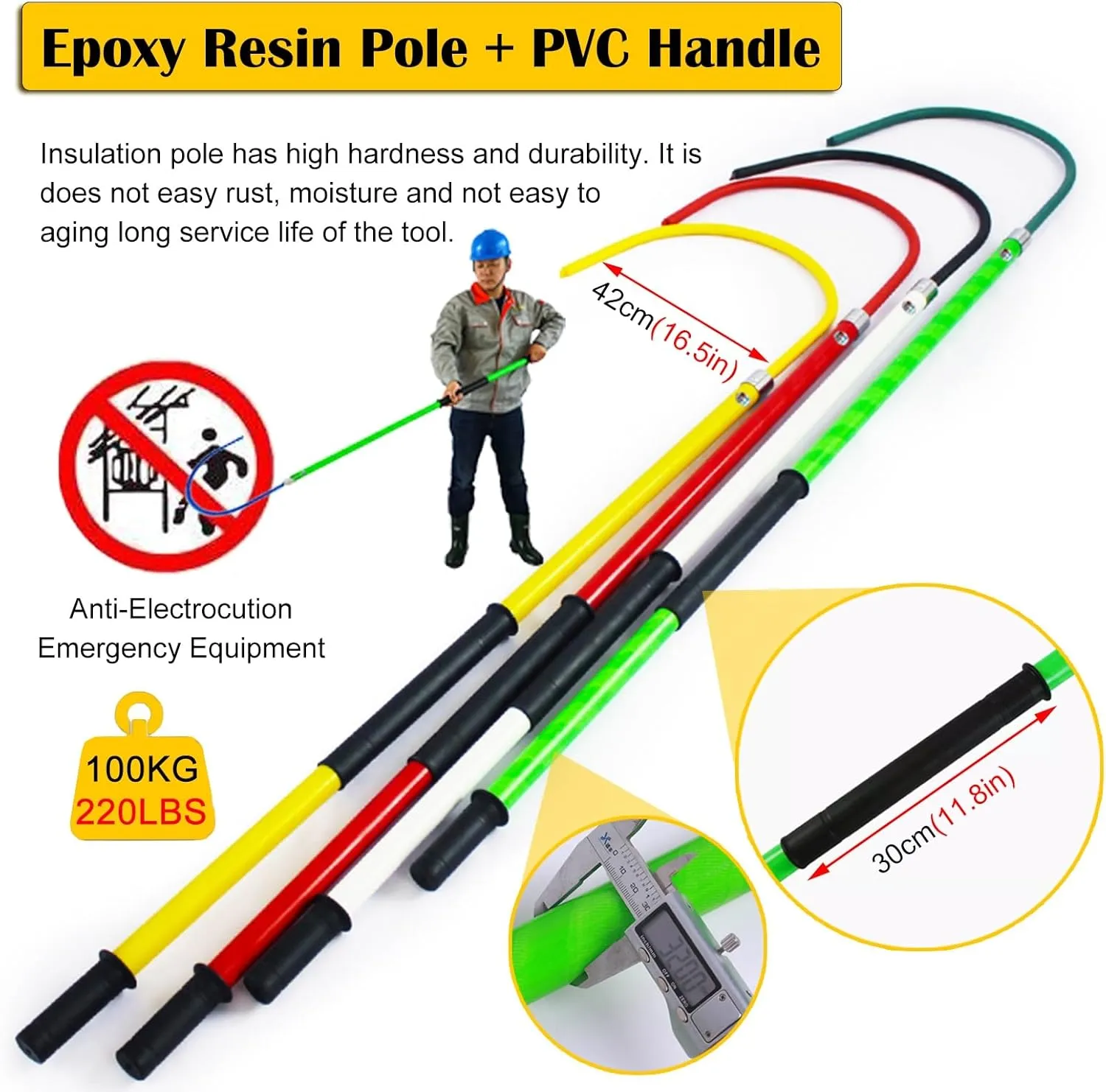 Anti Electric Shock Rescue Pole with 42cm C-hook, Electrical Safety High Voltage Rescue Tools 10kv 35kv 110kv 220kv for Fire Electrician/ Electric Vehicles/ Confined Spaces(Red,1.5m/4.9ft/59in-35kv)