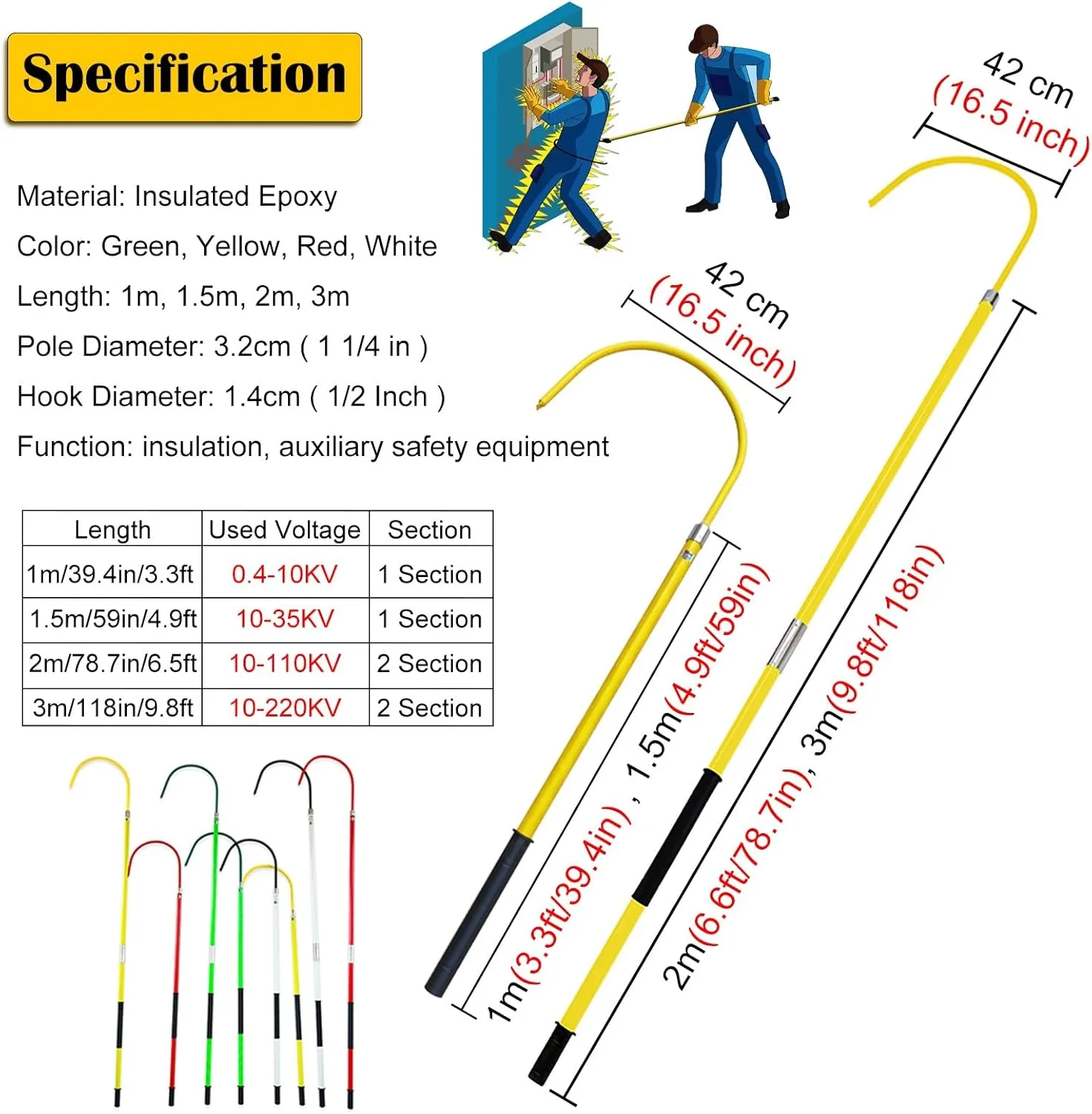 Anti Electric Shock Rescue Pole with 42cm C-hook, Electrical Safety High Voltage Rescue Tools 10kv 35kv 110kv 220kv for Fire Electrician/ Electric Vehicles/ Confined Spaces(Red,1.5m/4.9ft/59in-35kv)