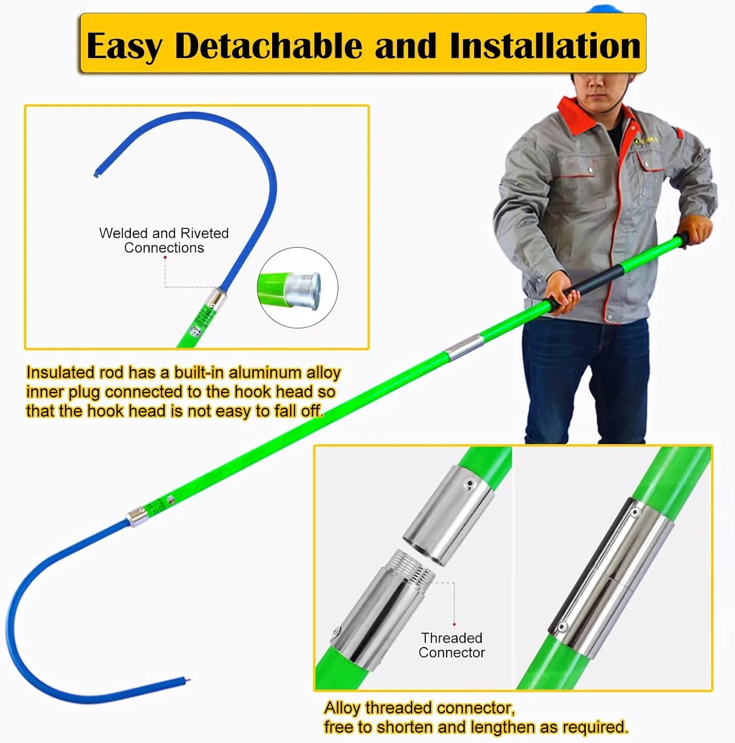 Anti Electric Shock Rescue Pole with 42cm C-hook, Electrical Safety High Voltage Rescue Tools 10kv 35kv 110kv 220kv for Fire Electrician/ Electric Vehicles/ Confined Spaces(Red,1.5m/4.9ft/59in-35kv)