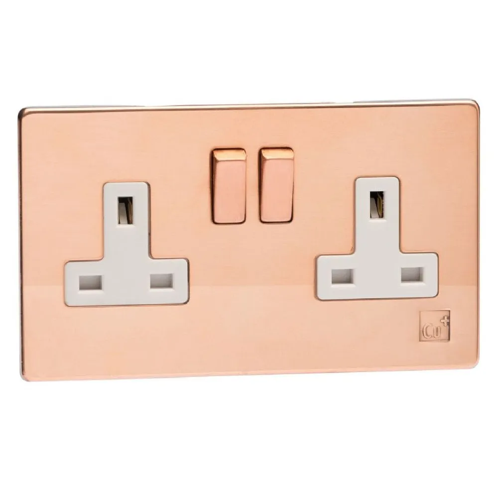 Antimicrobial Copper Screwless 2 Gang 13A Double Pole Decorative Switched Socket White Inserts