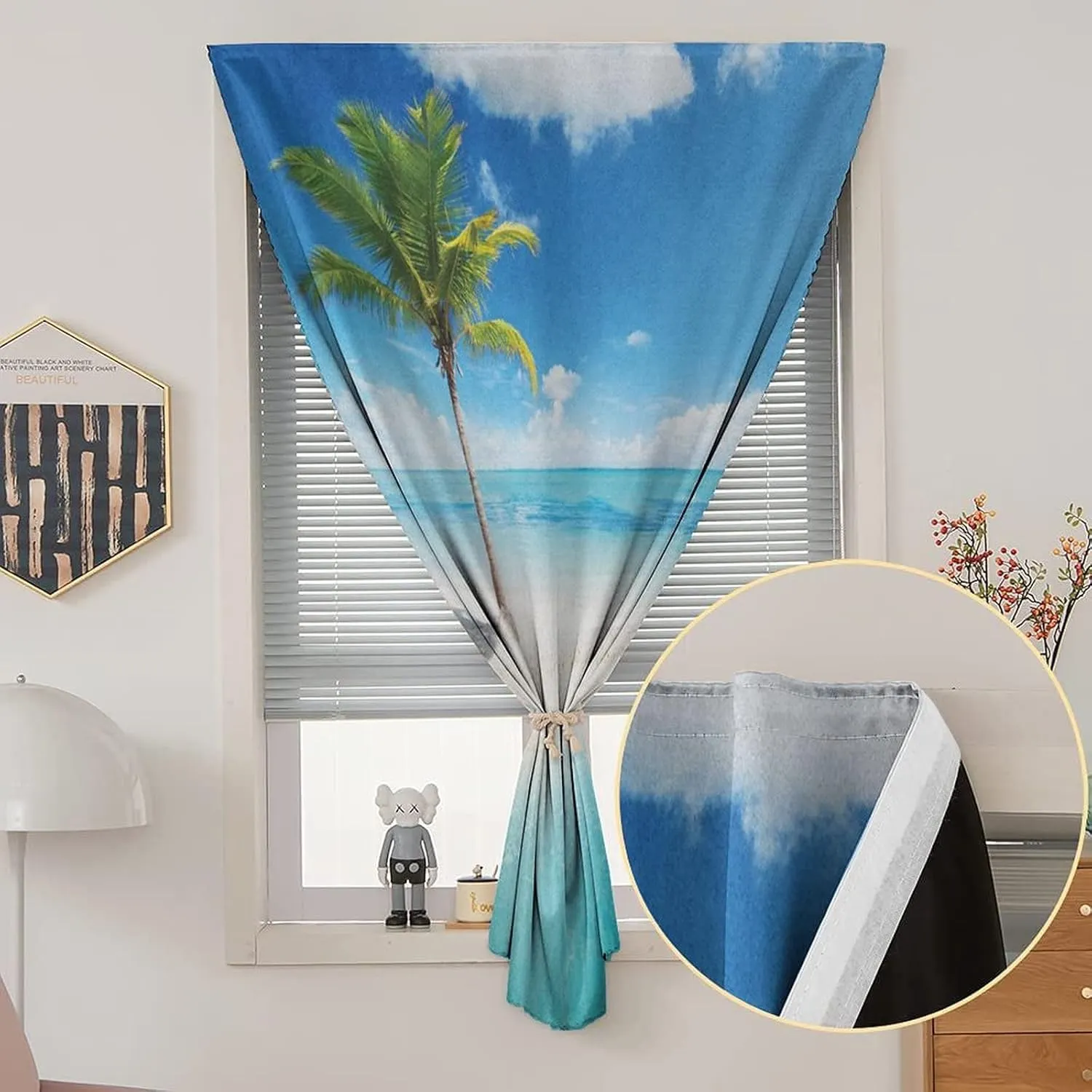 Anywhere Portable Blackout Curtain, Ocean Door Window Curtains, Idyllic Scenery Seashore Palm Tree Tropical Beach Print Bedroom Blackout Curtains,24W x40L Inches, for Kitchen Bathroom Living Room