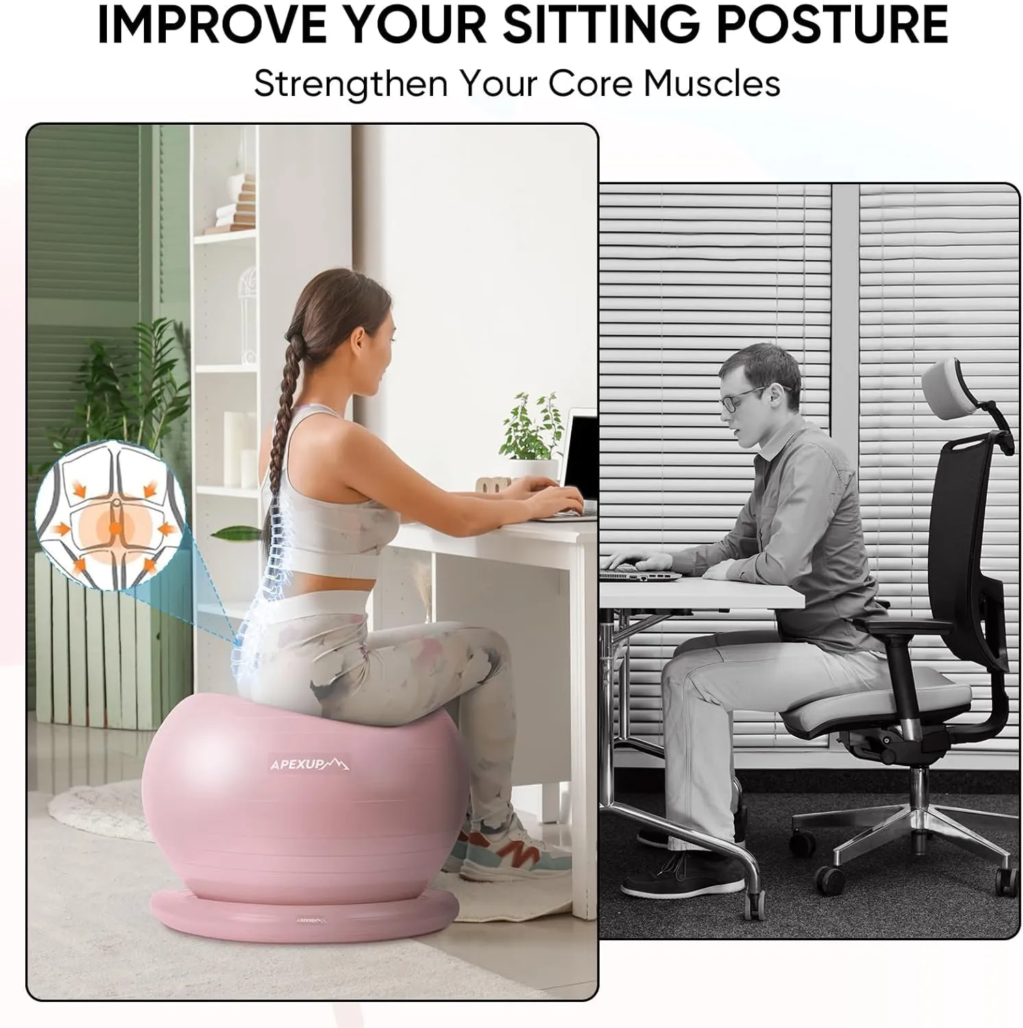 APEXUP Yoga Ball Chair, Exercise Ball Chair with Base for Office, Anti Slip Stability Ball Fitness Ball Seat, Home Gym Workout Ball, Balance Ball with Pump (Pink, XL)