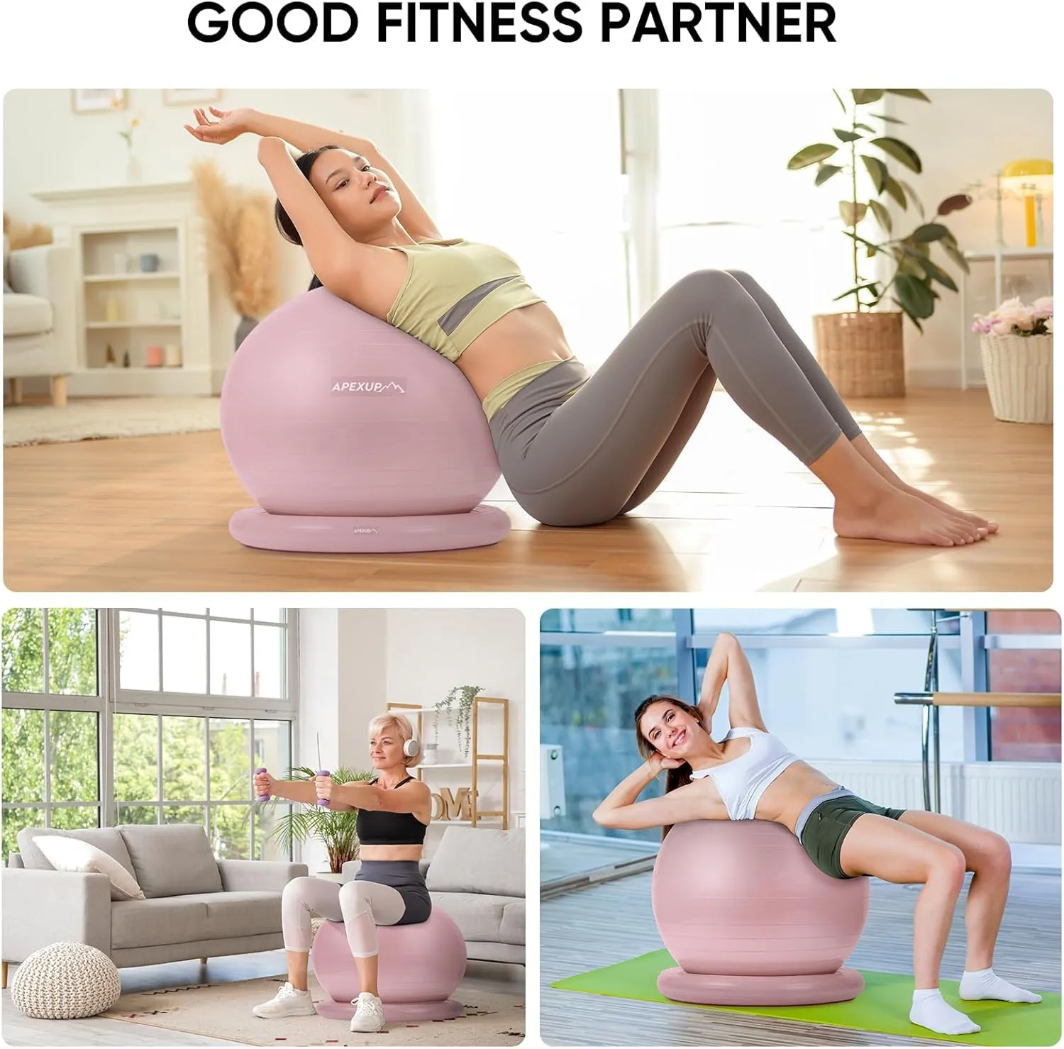 APEXUP Yoga Ball Chair, Exercise Ball Chair with Base for Office, Anti Slip Stability Ball Fitness Ball Seat, Home Gym Workout Ball, Balance Ball with Pump (Pink, XL)