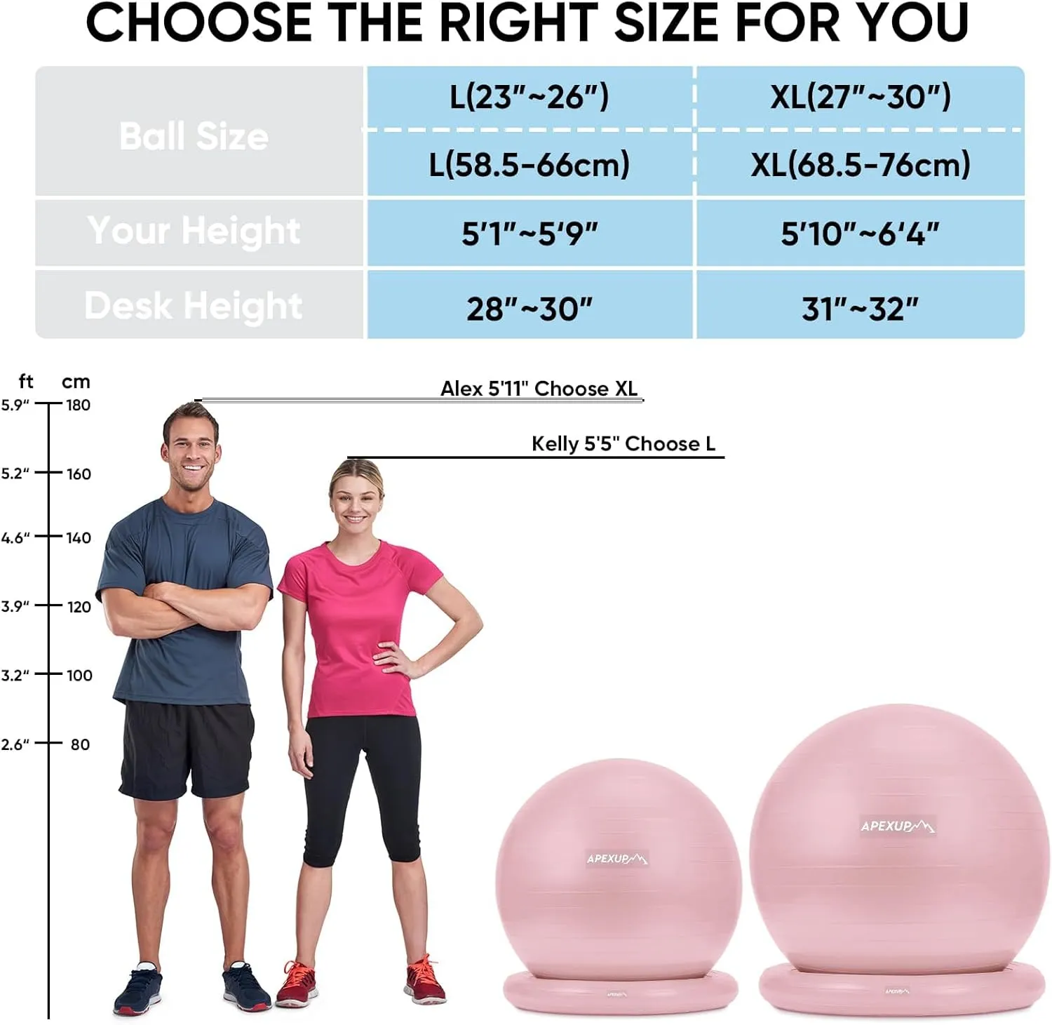 APEXUP Yoga Ball Chair, Exercise Ball Chair with Base for Office, Anti Slip Stability Ball Fitness Ball Seat, Home Gym Workout Ball, Balance Ball with Pump (Pink, XL)