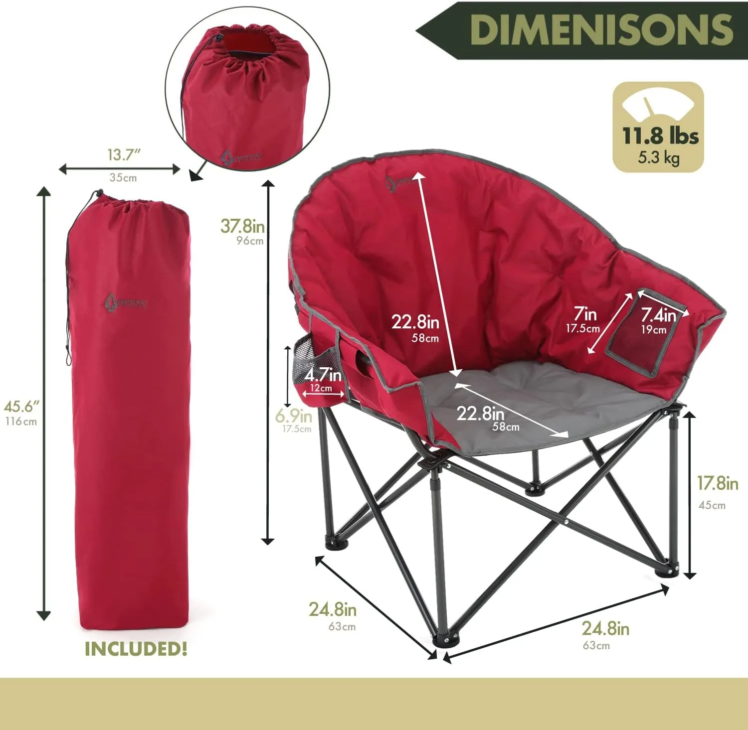 ARROWHEAD OUTDOOR Oversized Heavy-Duty Club Folding Camping Chair w/External Pocket, Cup Holder, Portable, Padded, Moon, Round, Saucer, Supports 330lbs, Carrying Bag, USA-Based Support