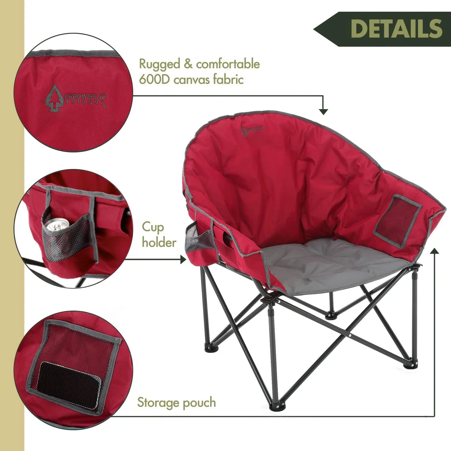 ARROWHEAD OUTDOOR Oversized Heavy-Duty Club Folding Camping Chair w/External Pocket, Cup Holder, Portable, Padded, Moon, Round, Saucer, Supports 330lbs, Carrying Bag, USA-Based Support