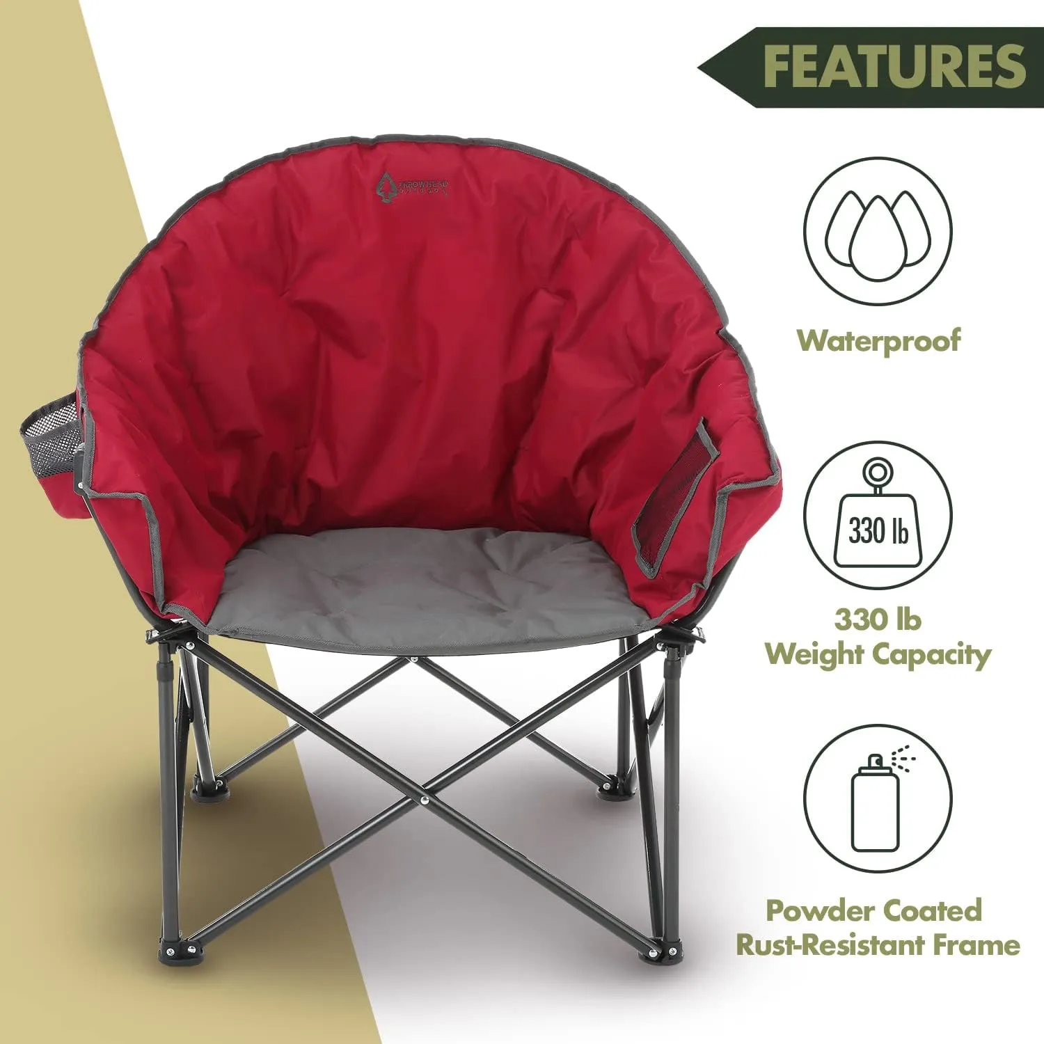 ARROWHEAD OUTDOOR Oversized Heavy-Duty Club Folding Camping Chair w/External Pocket, Cup Holder, Portable, Padded, Moon, Round, Saucer, Supports 330lbs, Carrying Bag, USA-Based Support