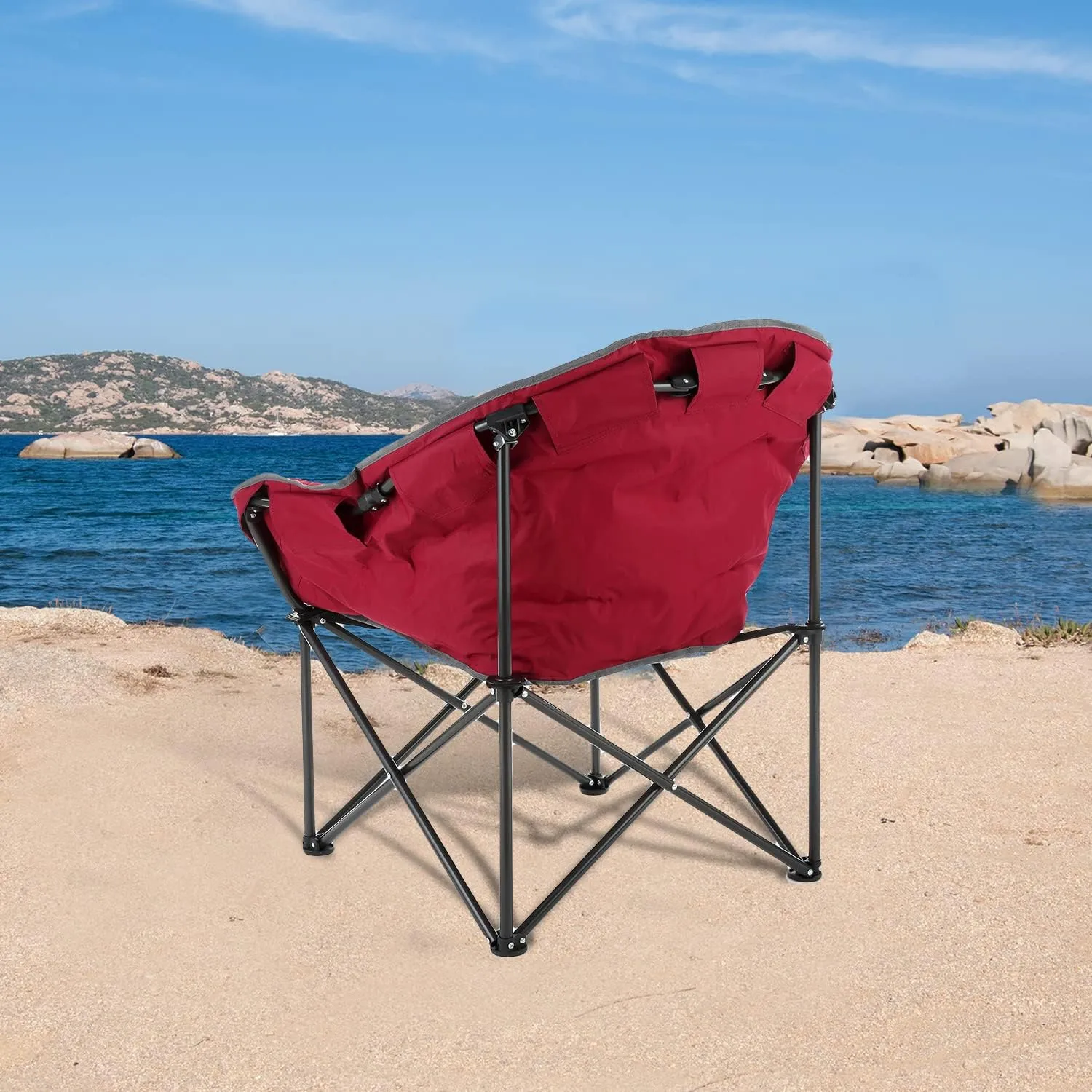 ARROWHEAD OUTDOOR Oversized Heavy-Duty Club Folding Camping Chair w/External Pocket, Cup Holder, Portable, Padded, Moon, Round, Saucer, Supports 330lbs, Carrying Bag, USA-Based Support