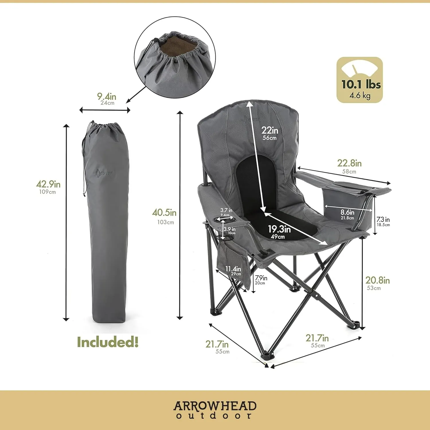 ARROWHEAD OUTDOOR Portable Folding Camping Quad Chair w/ 4-Can Cooler, Cup-Holder, Heavy-Duty Carrying Bag w/Easy Carry Shoulder Strap, Padded Armrests, Supports up to 330lbs, USA-Based Support