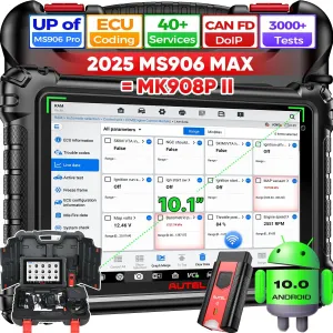 Autel MaxiSYS MS906 MAX Scanner, 2025 V2.0 MS906MAX 10.1" Up of MS906PRO MP900BT MS908S MK908, OE ECU Coding, 3K  Bidirectional Diagnostic Scan Tool, 36  Reset, Auto Scan 2.0, CAN FD/DOIP, VAG Guided
