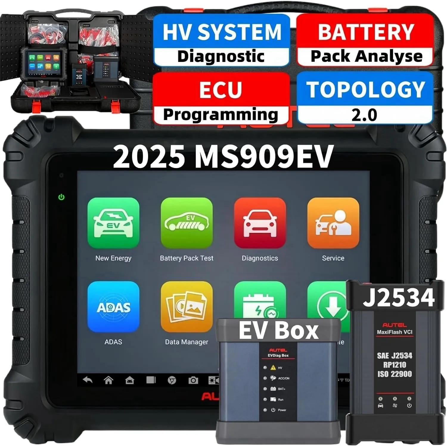 Autel MaxiSys MS909 EV, Same as Ultra EV Intelligent Scanner, Up of MS919 MS909 MS906, High-Voltage System Diagnostic & Battery Pack Analyse, Topology 2.0, ECU Programming, 40  Service, Active Test