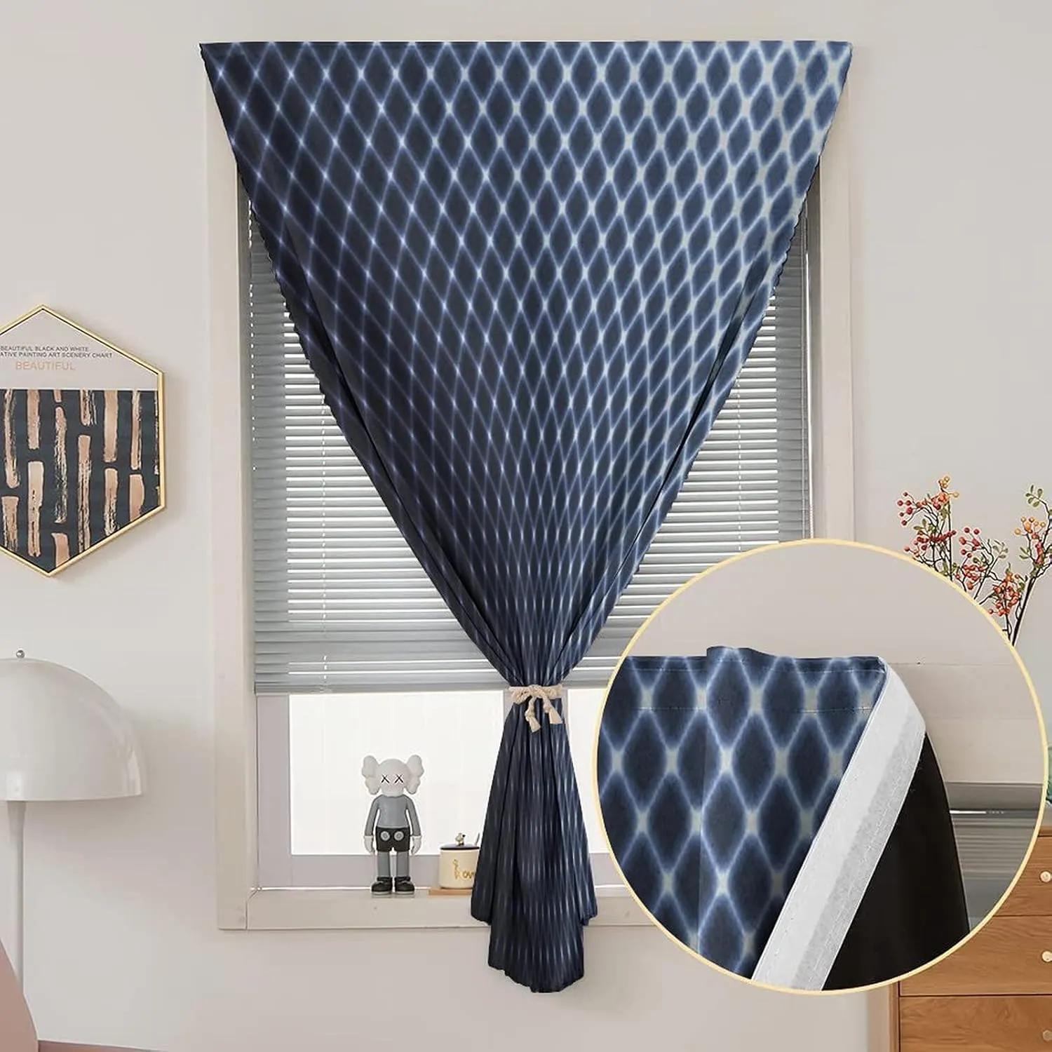 Autohesion Curtains, Dark Blue Window Curtain Panel, Diagonal Checkered Halftone Technology Modern Print Thermal Lnsulated Room Darkening Small Drapes,59W x84L Inch, for Kitchen Bathroom Living Room