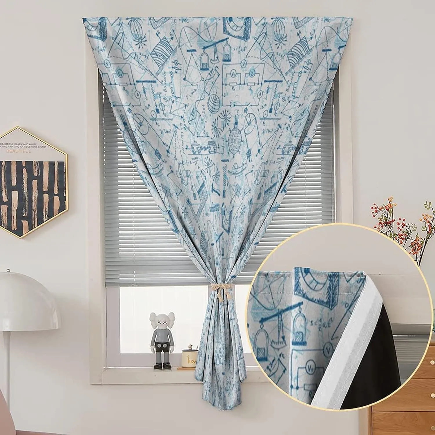 Autohesion Curtains, Doodle Window Curtain Panel, Physics Themed Drawing Formulas Related to Field Print Thermal Lnsulated Room Darkening Small Drapes,26W x40L Inch, for Kitchen Bathroom Living Room