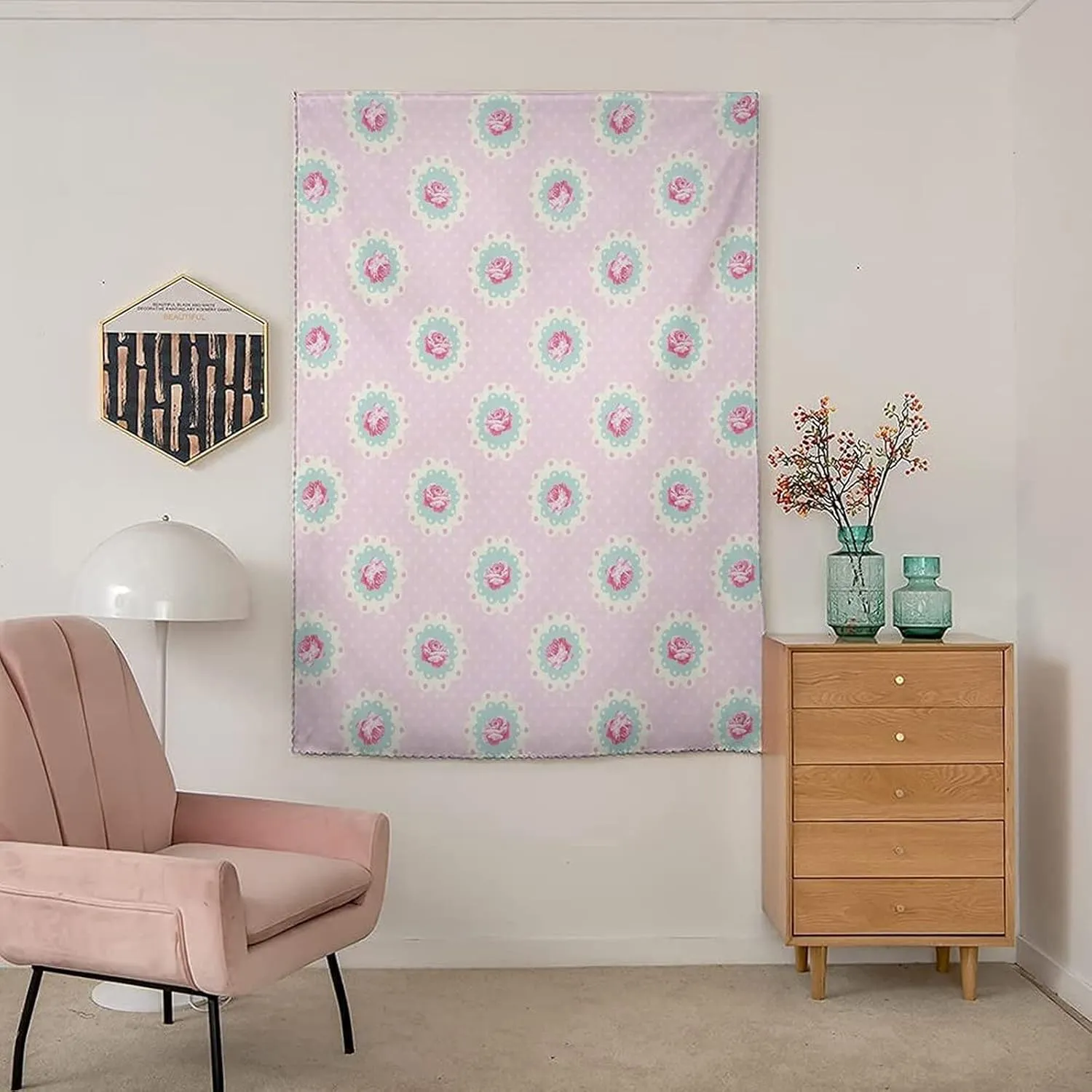 Autohesion Curtains, Shabby Chic Window Curtain Panel, Retro Polka Dotted Backdrop Floral Motifs Rose Print Thermal Lnsulated Room Darkening Small Drapes,24W x40L Inches, for Children Kids Bedroom