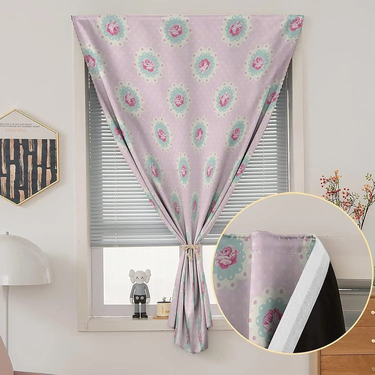 Autohesion Curtains, Shabby Chic Window Curtain Panel, Retro Polka Dotted Backdrop Floral Motifs Rose Print Thermal Lnsulated Room Darkening Small Drapes,24W x40L Inches, for Children Kids Bedroom