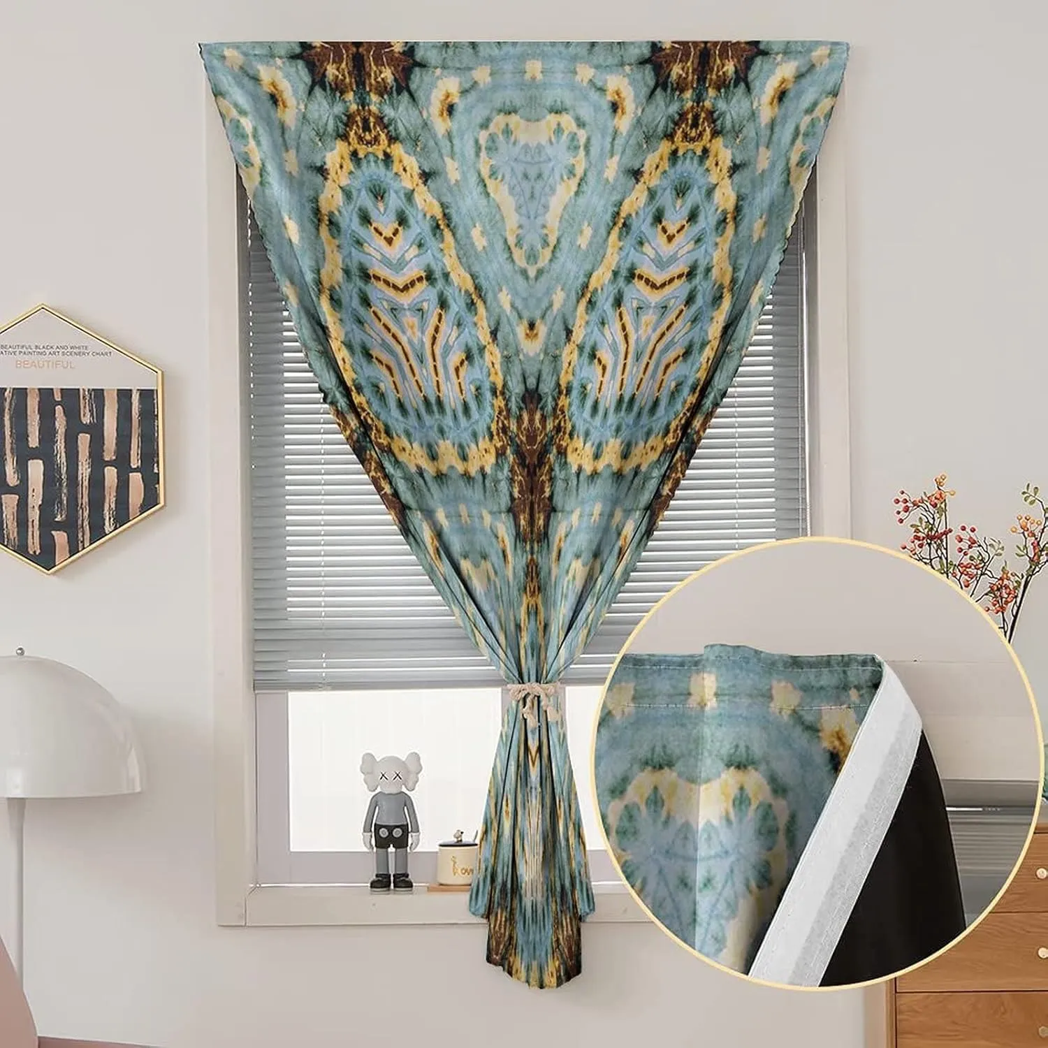 Autohesion Curtains, Tie Dye Window Curtain Panel, Classic Tie Dye Batik Motif Oriental Icons Print Thermal Lnsulated Room Darkening Small Drapes,47W x63L Inches, for Bathroom Living Room Bedroom