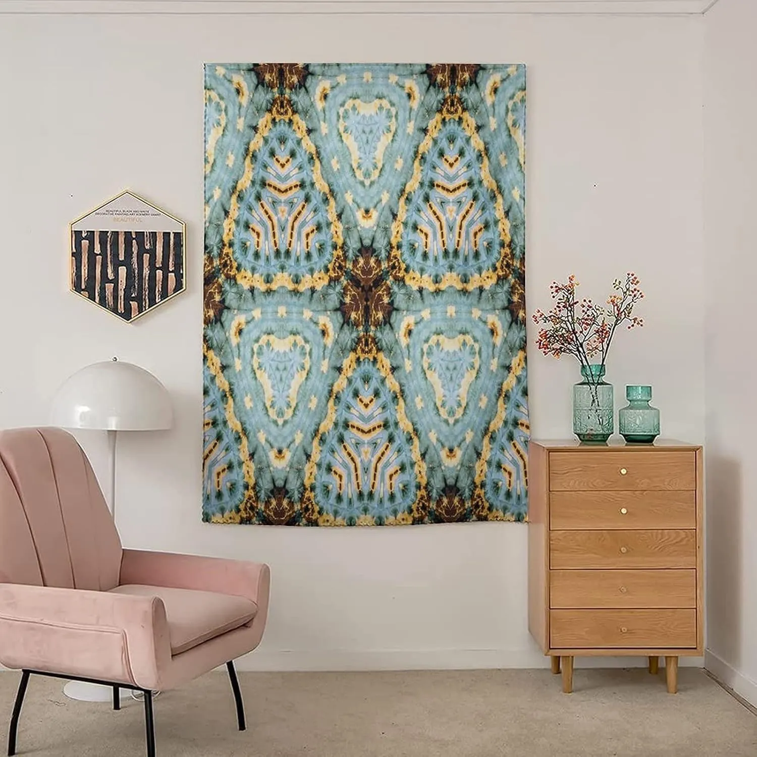 Autohesion Curtains, Tie Dye Window Curtain Panel, Classic Tie Dye Batik Motif Oriental Icons Print Thermal Lnsulated Room Darkening Small Drapes,47W x63L Inches, for Bathroom Living Room Bedroom