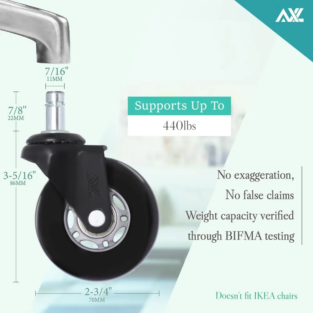 AXL 2.8” Heavy Duty Office Chair Caster Wheels Replacement, Universal Fit PU Rollers for Hardwood & Carpet, Scratch-Free & Noiseless (Set of 5) (Grey/Black, 2.8 inch Black Bracket)
