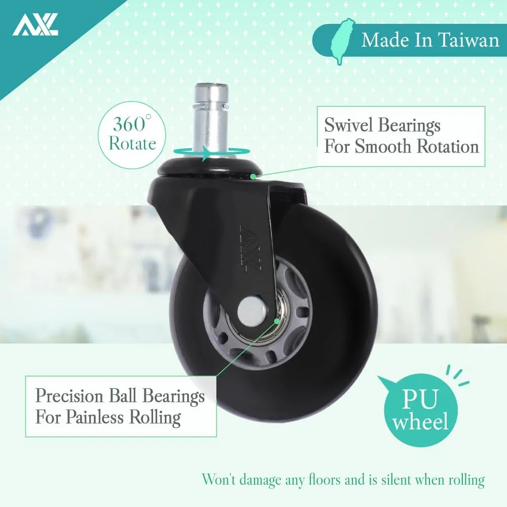 AXL 2.8” Heavy Duty Office Chair Caster Wheels Replacement, Universal Fit PU Rollers for Hardwood & Carpet, Scratch-Free & Noiseless (Set of 5) (Grey/Black, 2.8 inch Black Bracket)
