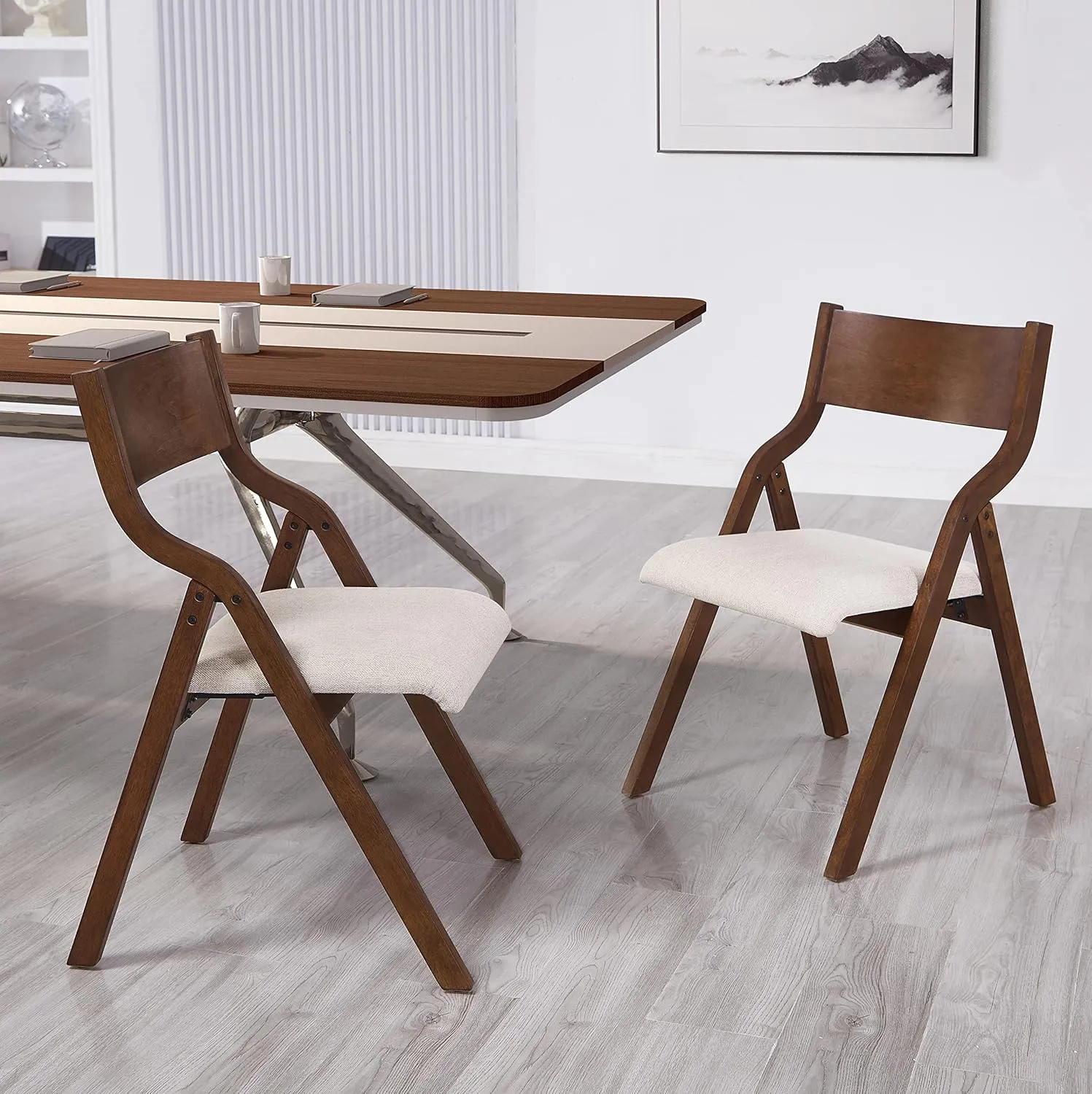 Ball & Cast Upholstered Folding Chairs Set of 2, Kitchen Dining-Chair w/Solid Wood Frame, Portable Activity Neeting Chair,No Assembly Needed, Easy Carry and Storage,Walnut Taupe