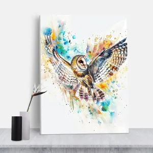Barn Owl in Flight Watercolor Painting - 8"x12" Framed Canvas - Bird Wall Art