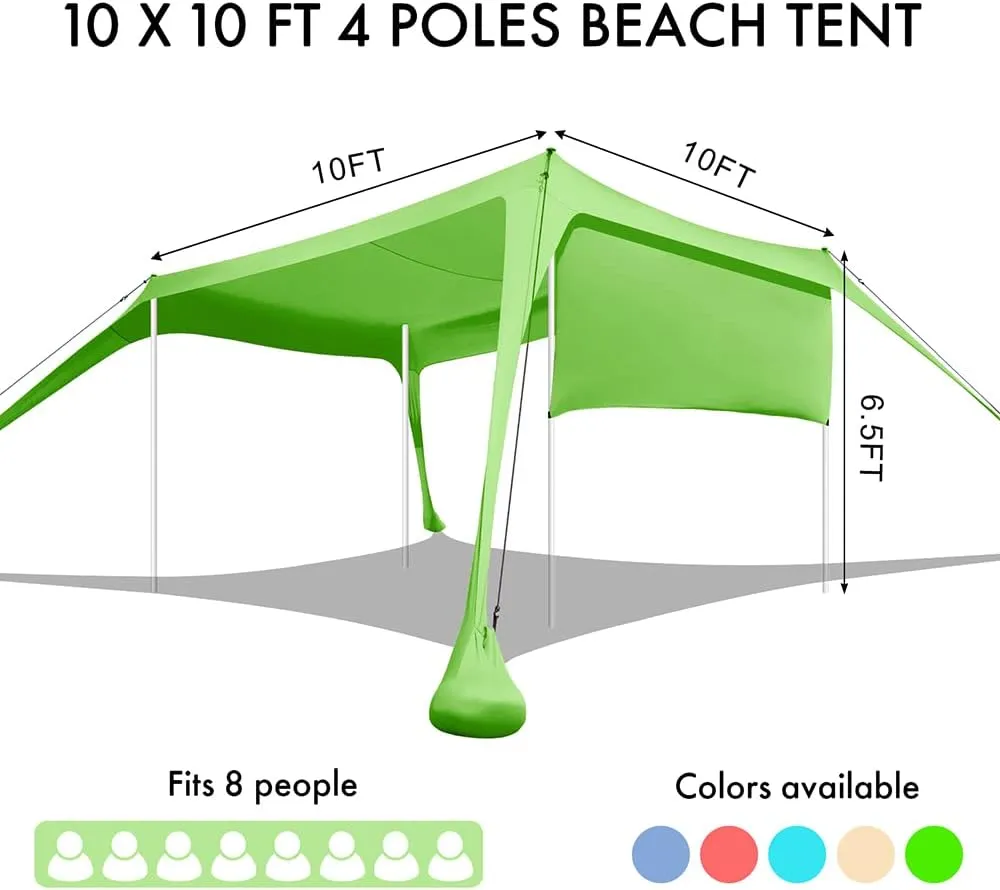 Beach Canopy Tent Shade with Sidewalls 10x10FT, 6.6FT Tall, UPF50  Sun Shelter, Windproof & Water Resistant, Includes Guylines Sand Shovel Stability Poles, Easy Up for Beach Outdoor Camping Backyard