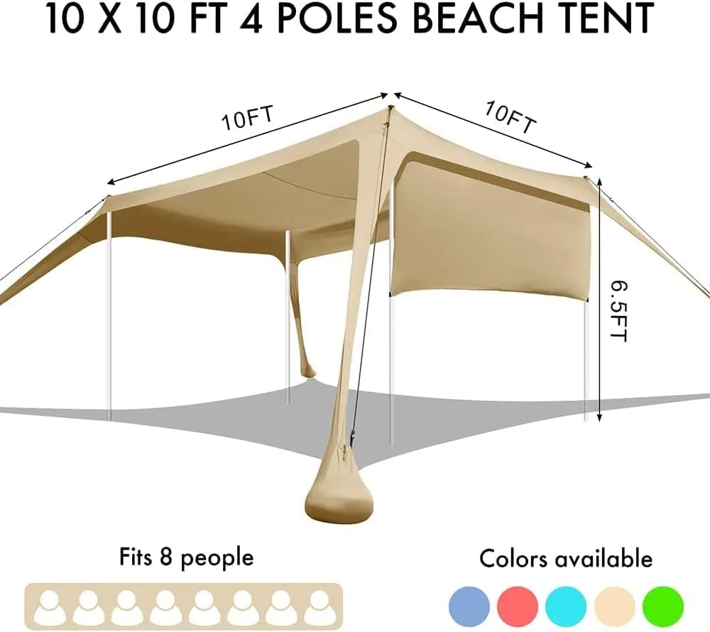 Beach Canopy Tent Shade with Sidewalls 10x10FT, 6.6FT Tall, UPF50  Sun Shelter, Windproof & Water Resistant, Includes Guylines Sand Shovel Stability Poles, Easy Up for Beach Outdoor Camping Backyard