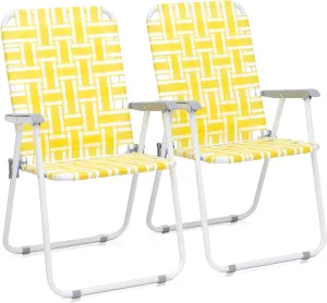 Beach Chair 2-Pack Camping Chair, Sunbathing Chairs High Back Outdoor Lawn Concert Beach Folding Chair with Hard Arms for Adults Camping Festival Sand (Yellow-2 Pcs)