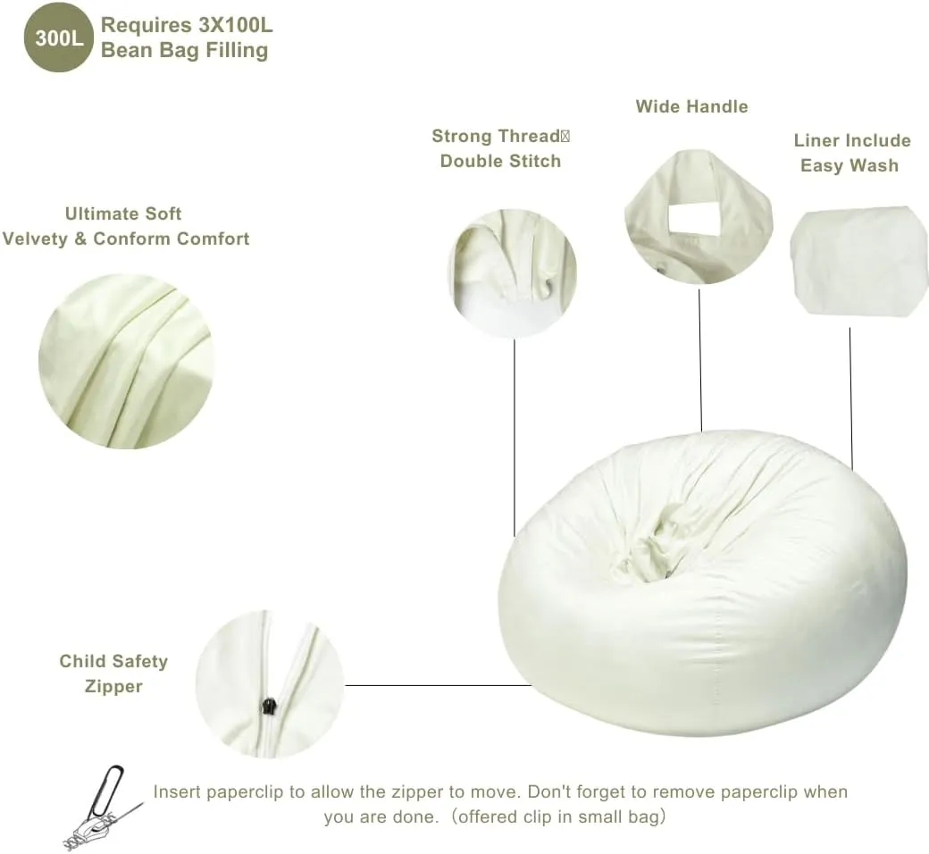 Bean Bag Cover with Liner Only Removable 3ft (No Filler) Ultra Soft Velvety Luxurious Stretch Microfiber Suede Bean Bag Chair Cover for Adults Indoor Pear Style Large - Cream White