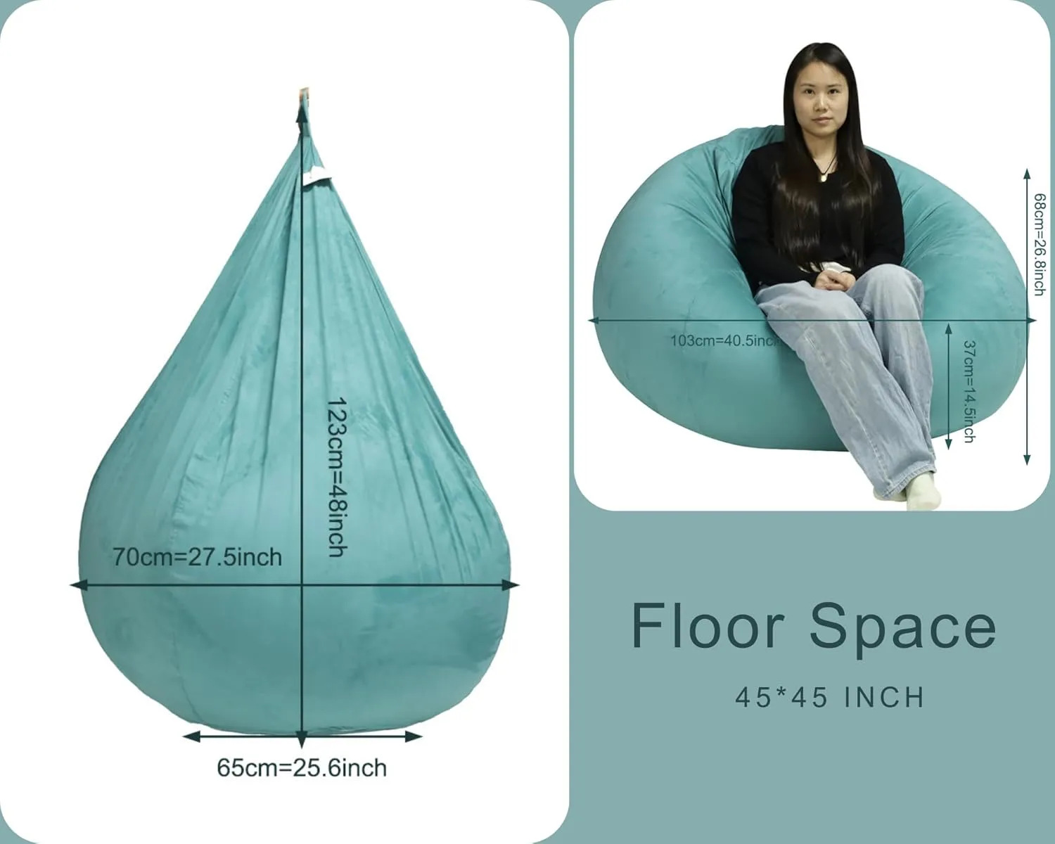 Bean Bag Cover with Liner Only Ultra Soft Stretch Velvety Microsuede Bean Bag Chair Cover for Adult Pear Style Removable Large Luxurious 3ft -Teal