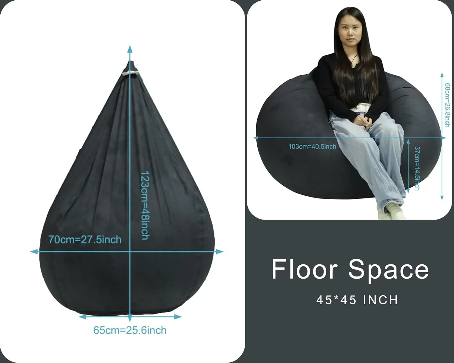 Bean Bag Cover with Liner Only Ultra Soft Stretchy Velvety Microsuede Bean Bag Chair Cover for Adult Pear Style Removable Large Luxurious 3ft - Black Grey