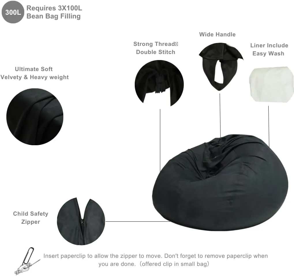 Bean Bag Cover with Liner Only Ultra Soft Stretchy Velvety Microsuede Bean Bag Chair Cover for Adult Pear Style Removable Large Luxurious 3ft - Black Grey