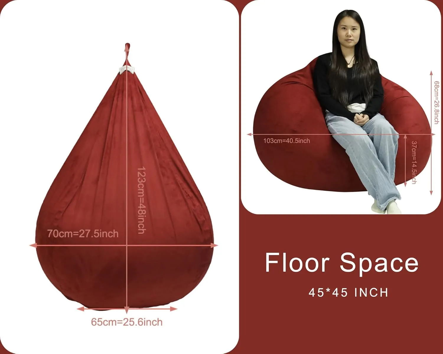 Beanbag Cover with Liner Only Removable 3ft (No Filler) Ultra Soft Velvety Luxurious Stretch Microfiber Suede Beanbag Chair Cover 3ft for Adults Indoor Pear Style Large - Black Cherry