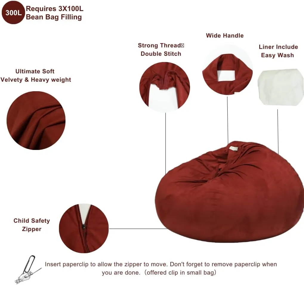 Beanbag Cover with Liner Only Removable 3ft (No Filler) Ultra Soft Velvety Luxurious Stretch Microfiber Suede Beanbag Chair Cover 3ft for Adults Indoor Pear Style Large - Black Cherry