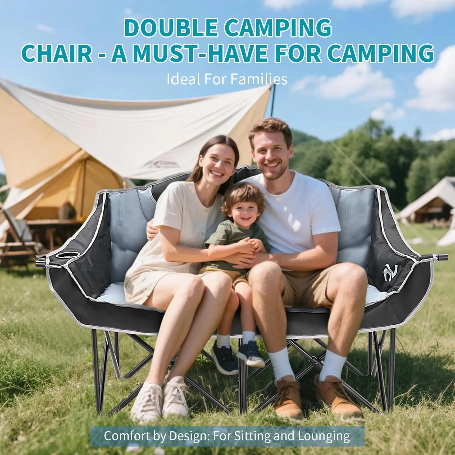 Begonia.K Double Camping Chair for 2 Person - Oversized Padded Folding Loveseat - Portable Camping Couch Heavy Duty Lawn Chairs for Outdoor Beach - Support 500/650LBS