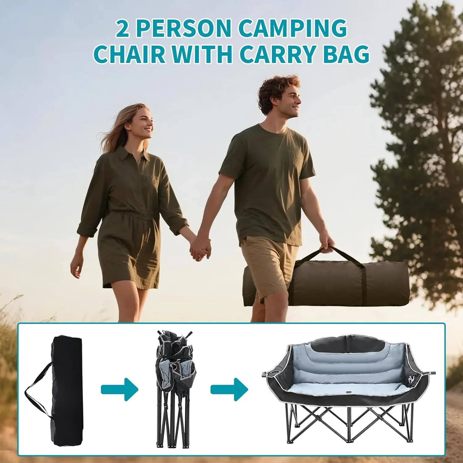 Begonia.K Double Camping Chair for 2 Person - Oversized Padded Folding Loveseat - Portable Camping Couch Heavy Duty Lawn Chairs for Outdoor Beach - Support 500/650LBS
