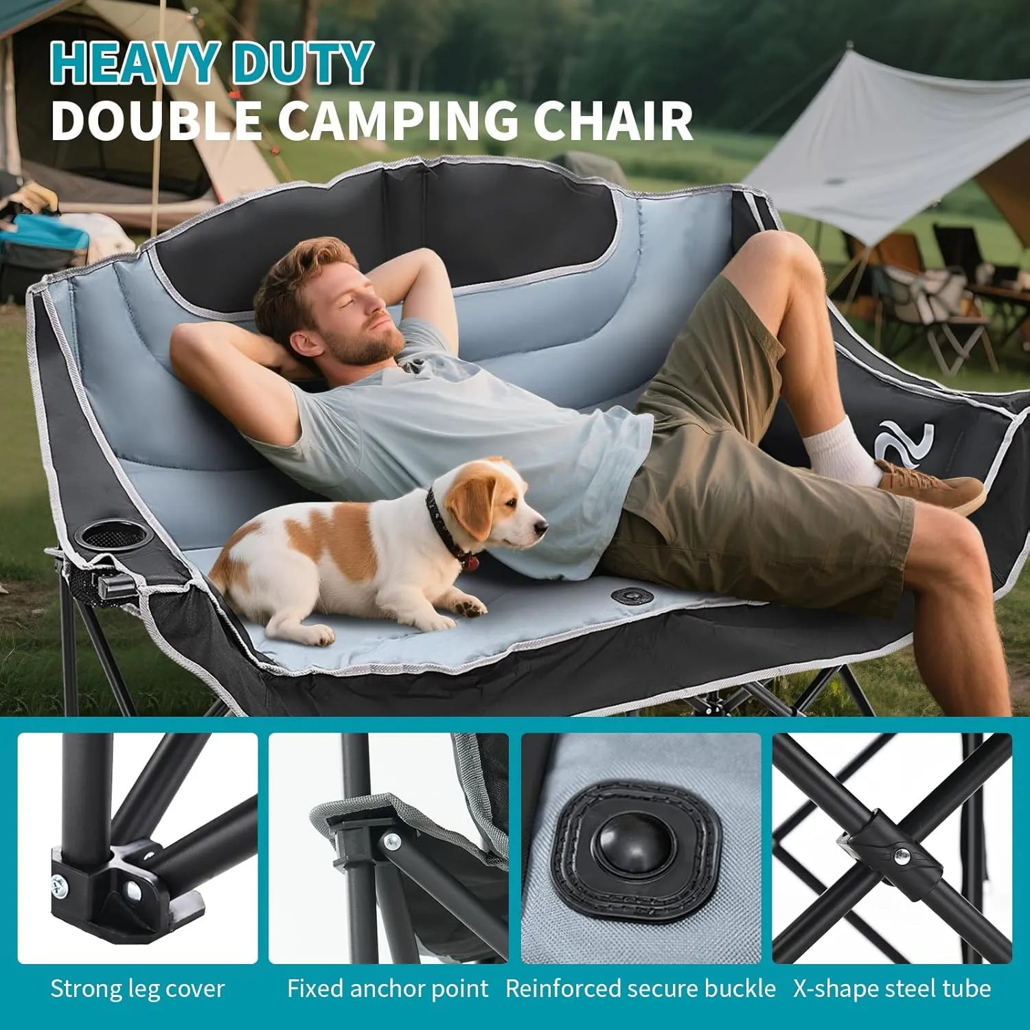 Begonia.K Double Camping Chair for 2 Person - Oversized Padded Folding Loveseat - Portable Camping Couch Heavy Duty Lawn Chairs for Outdoor Beach - Support 500/650LBS