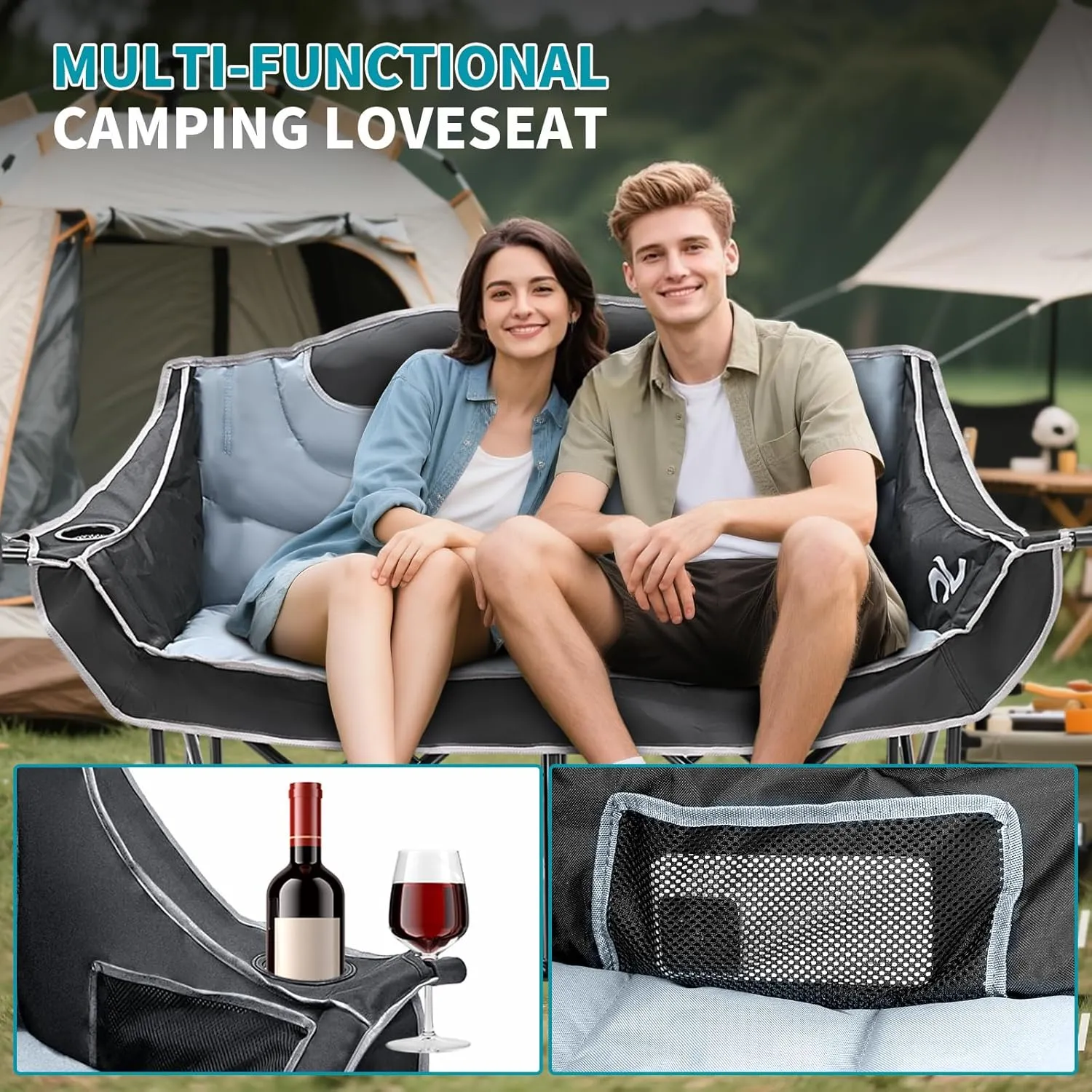 Begonia.K Double Camping Chair for 2 Person - Oversized Padded Folding Loveseat - Portable Camping Couch Heavy Duty Lawn Chairs for Outdoor Beach - Support 500/650LBS