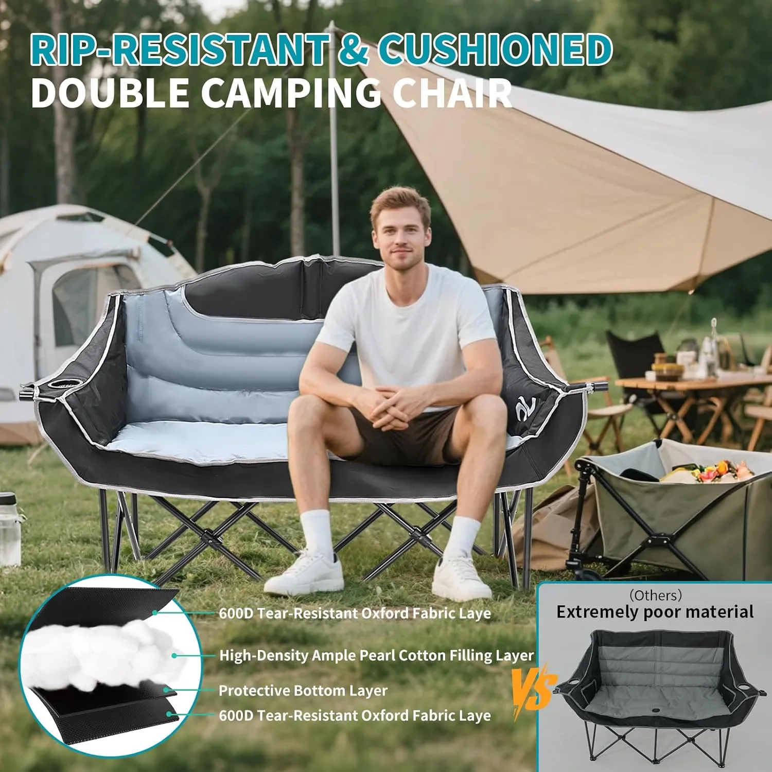 Begonia.K Double Camping Chair for 2 Person - Oversized Padded Folding Loveseat - Portable Camping Couch Heavy Duty Lawn Chairs for Outdoor Beach - Support 500/650LBS