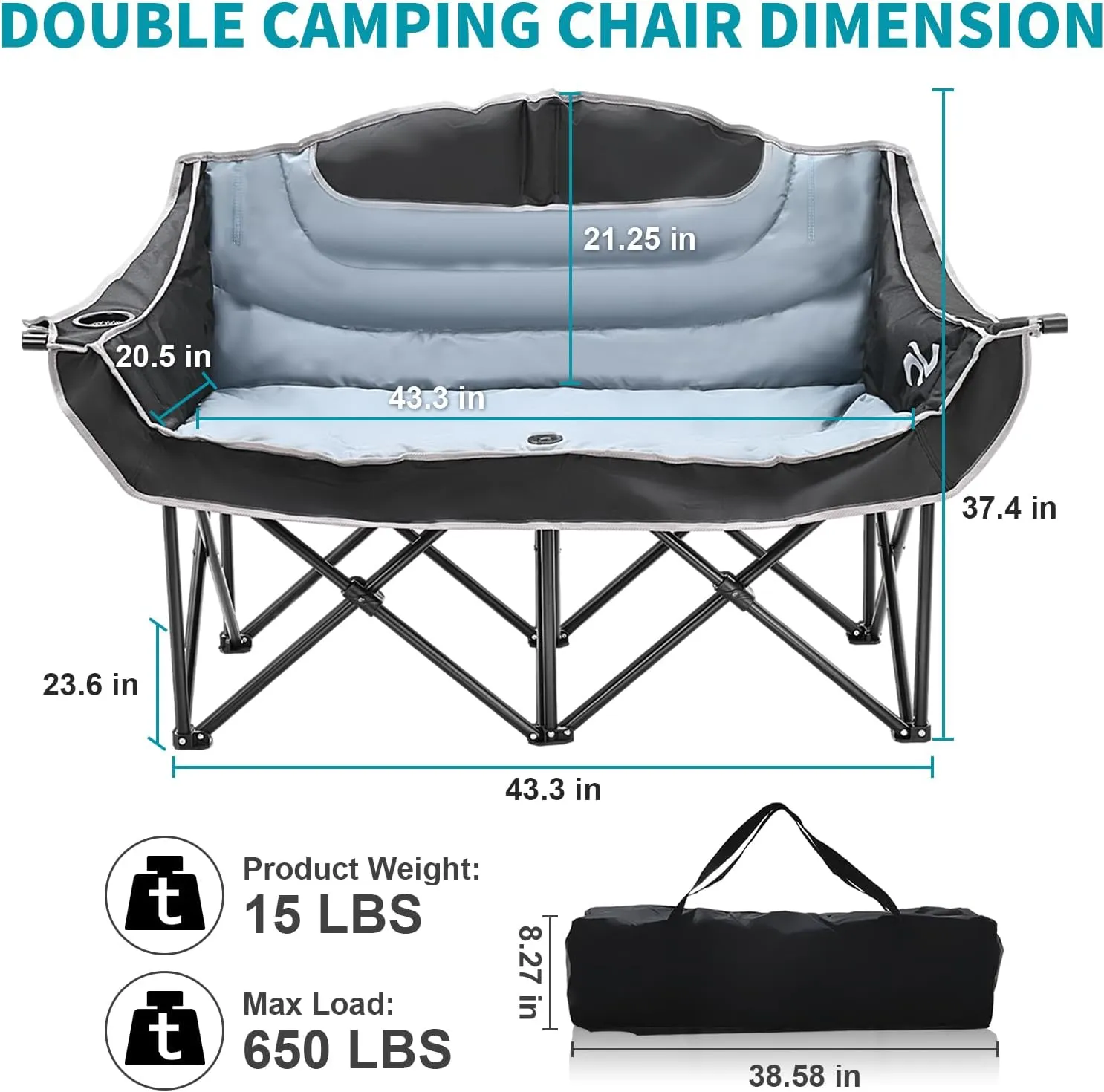 Begonia.K Double Camping Chair for 2 Person - Oversized Padded Folding Loveseat - Portable Camping Couch Heavy Duty Lawn Chairs for Outdoor Beach - Support 500/650LBS