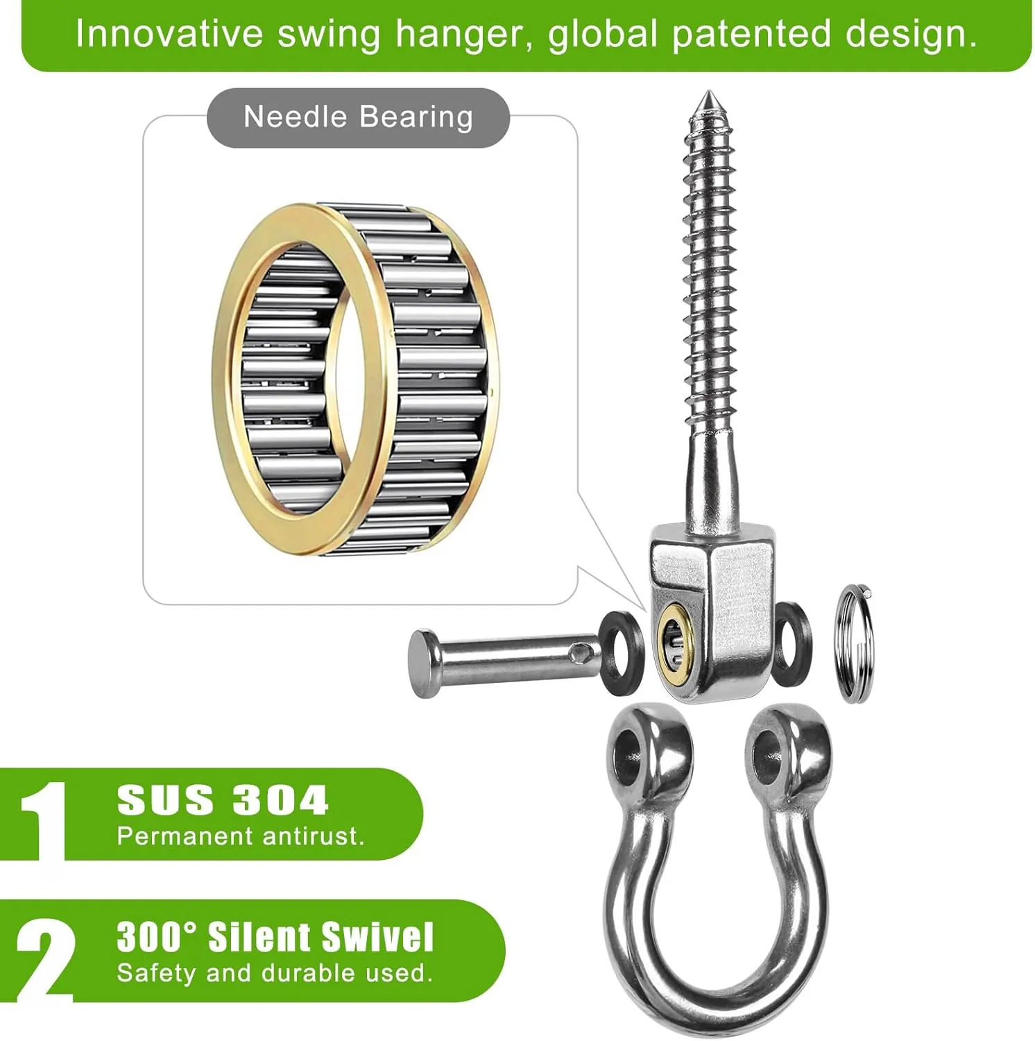 BeneLabel Heavy Duty Swing Hangers with Bearings - Set of 2 Stainless Steel 304 Screw Brackets for Hanging Chairs, Swings, Hammocks, Punching Bag - Indoor & Outdoor Use - 1500LB Capacity