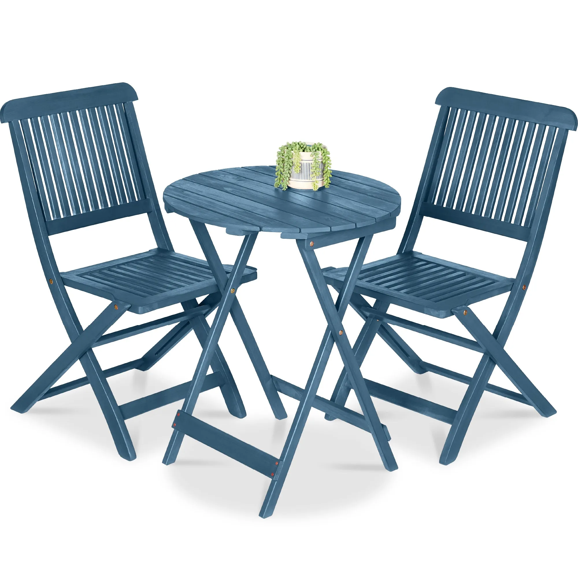 Best Choice Products 3-Piece Acacia Wood Bistro Set, Folding Patio Furniture w/ 2 Chairs, Table - Slate Blue