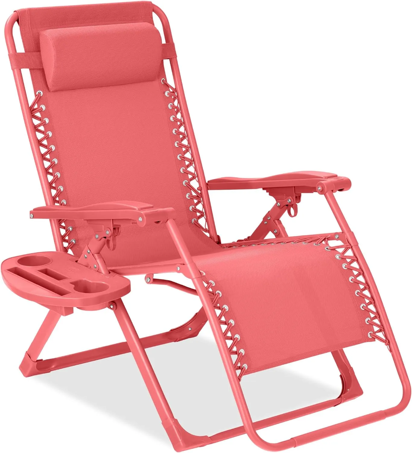 Best Choice Products Adjustable Zero Gravity Chair, Monochromatic Color Folding Patio Recliner w/Side Tray, Headrest - Coral
