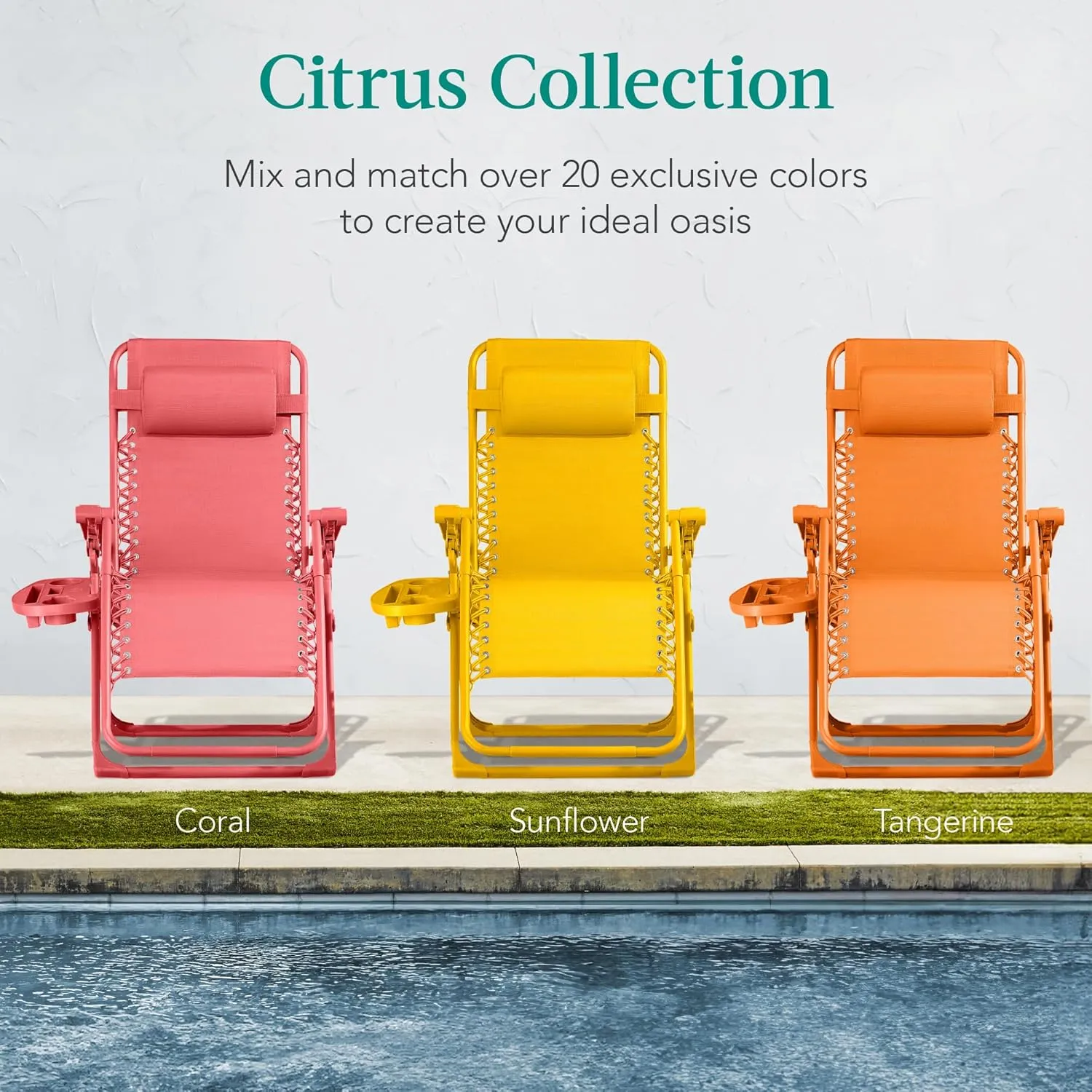 Best Choice Products Adjustable Zero Gravity Chair, Monochromatic Color Folding Patio Recliner w/Side Tray, Headrest - Coral